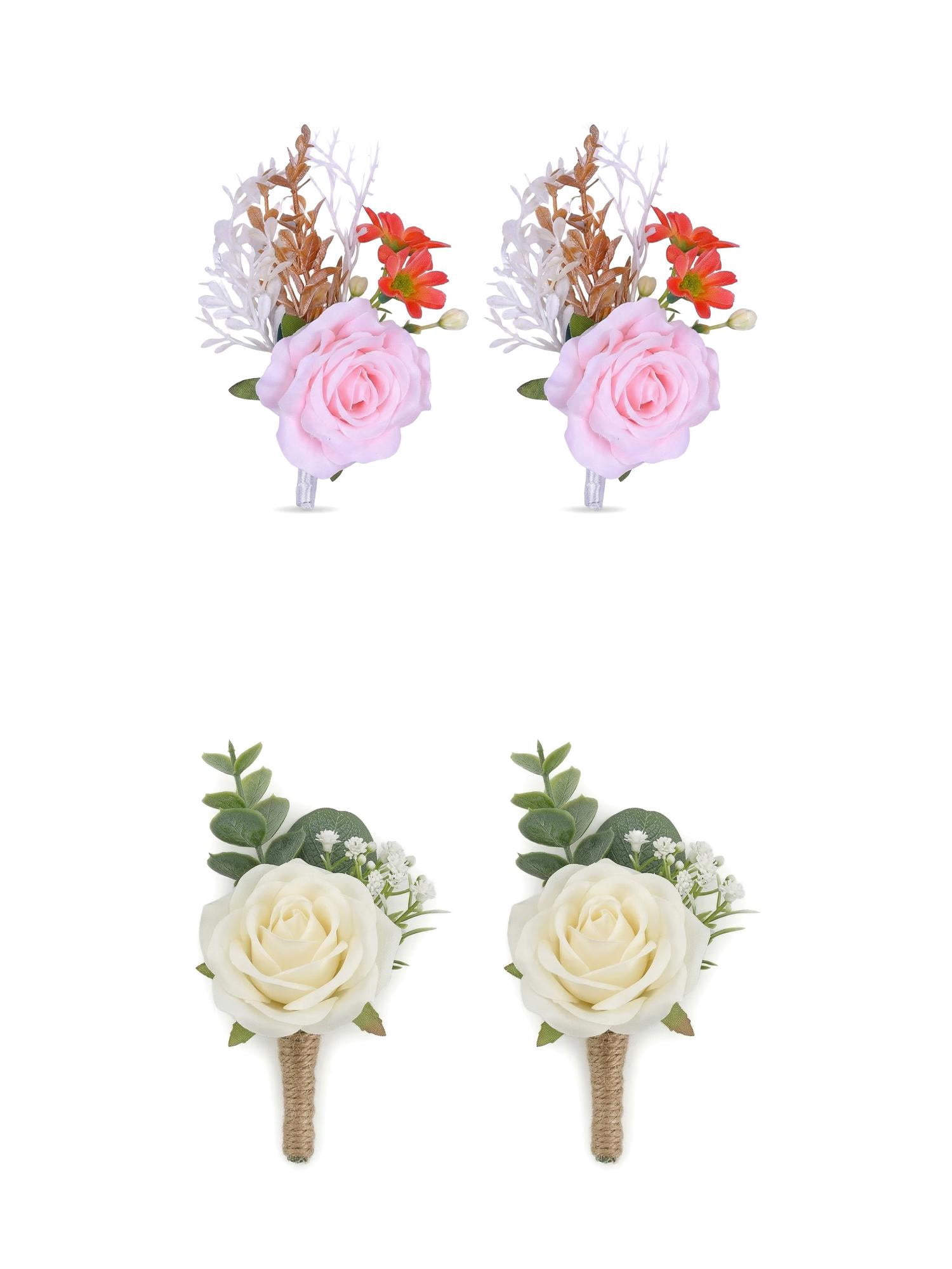 Unique Bargains 4Pcs Artificial Rose Corsage with Pins for Men White Pink 5.7 in