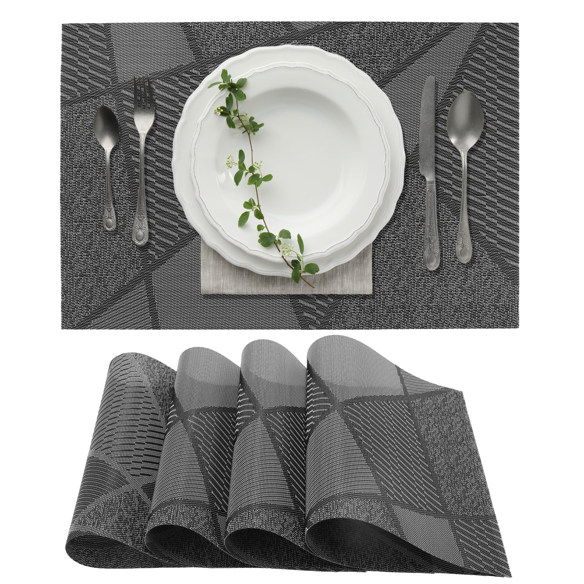 Unique Bargains 4Pcs Blocks Pattern PET Heat Resistant Washable Placemats Black