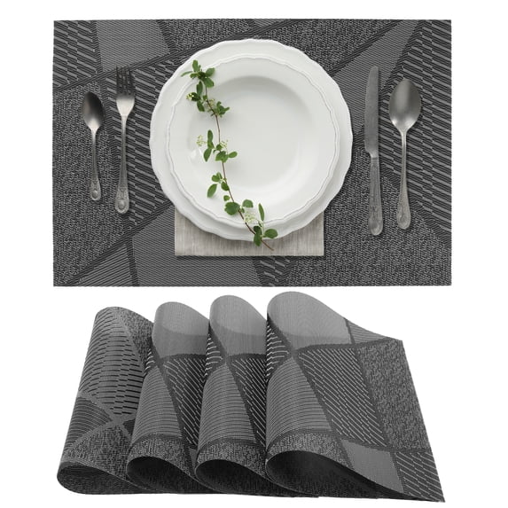 Unique Bargains 4Pcs Blocks Pattern PET Heat Resistant Washable Placemats Black