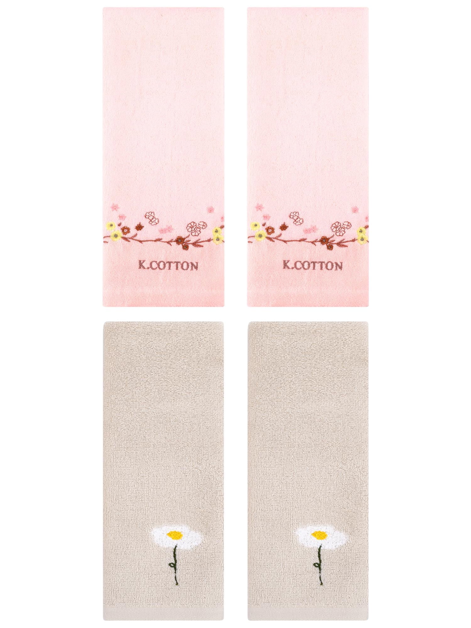 Unique Bargains 4Pcs Comfy Floral Hand Towel Set Brown/Pink 13" x 30"/13" x 29"