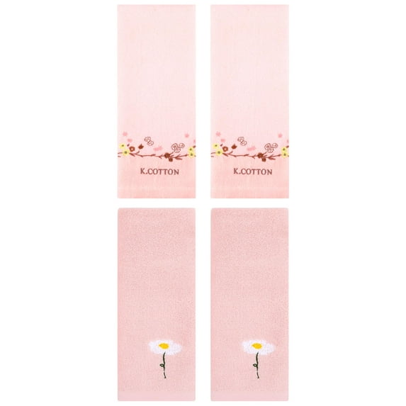 Unique Bargains 4Pcs Comfy Floral Hand Towel Set Pink 13" x 30"/13" x 29"