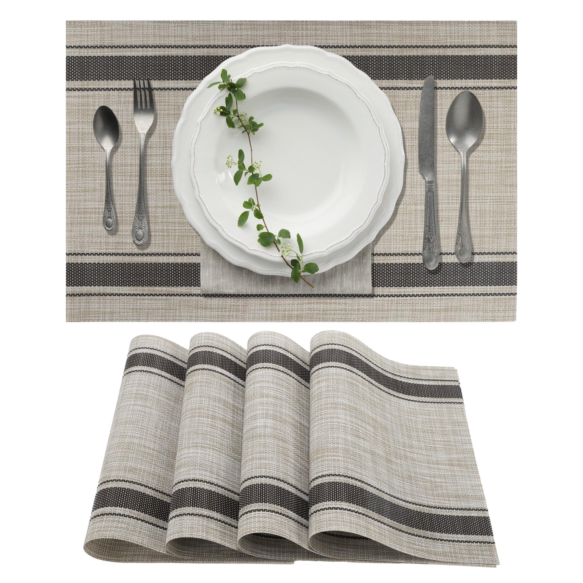 Unique Bargains 4Pcs Double Stripe PVC PET Heat Resistant Table Mats Brown