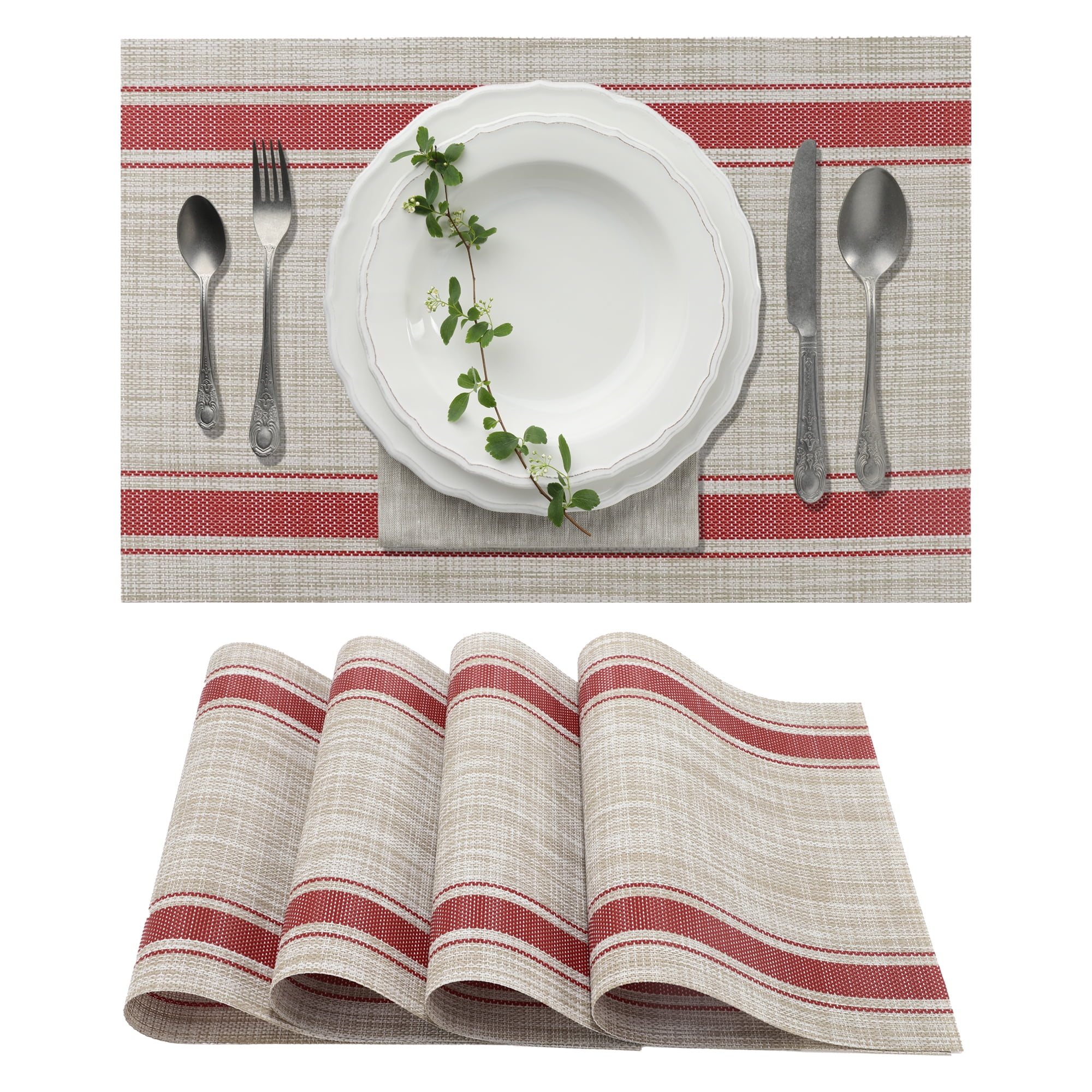 Unique Bargains 4Pcs Double Stripe PVC PET Heat Resistant Table Mats Red