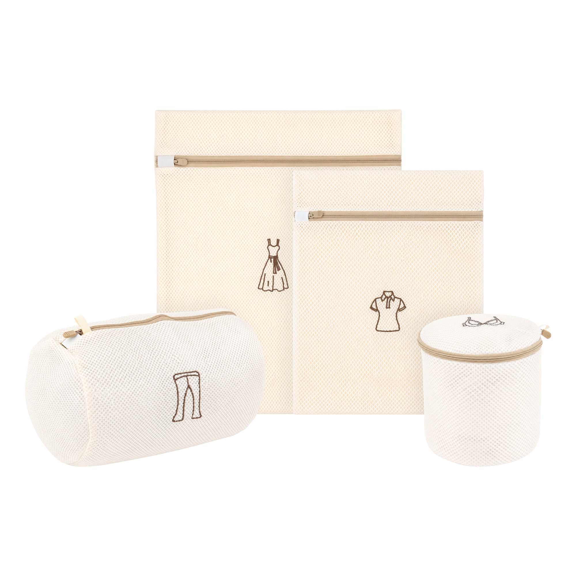 Unique Bargains 4Pcs Durable Mesh Zipper Closure Laundry Bags Beige