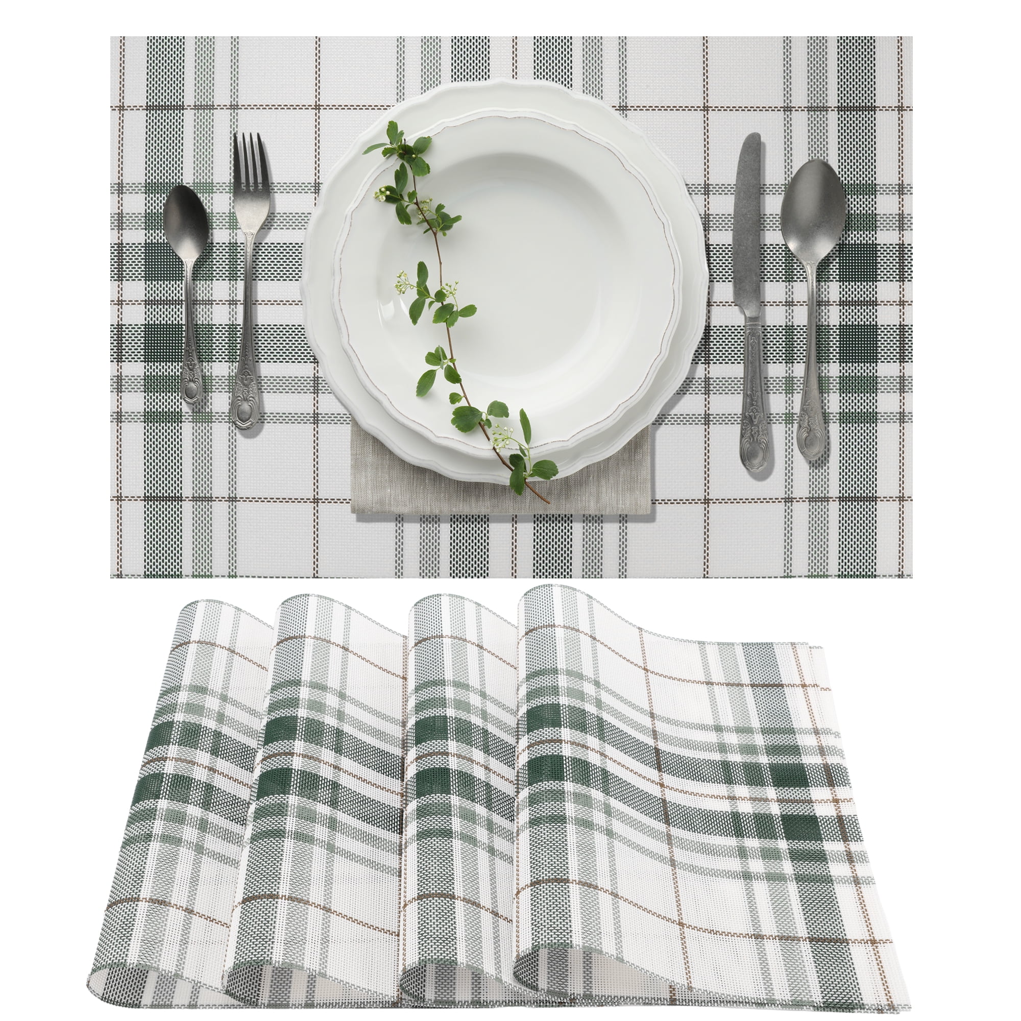 Unique Bargains 4Pcs Grid PVC PET Heat Resistant Washable Table Mats Green