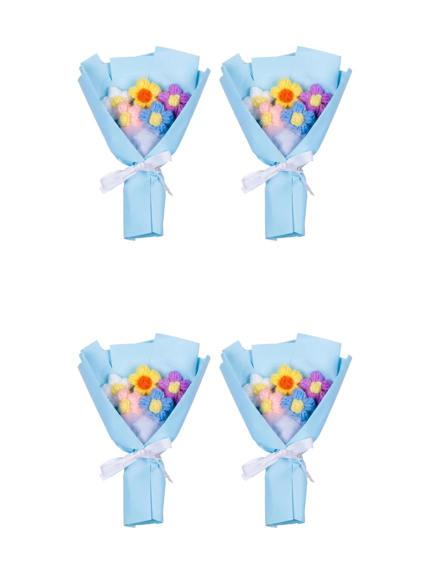 Unique Bargains 4Pcs Handmade Crochet Eternal Knitted Flowers Bouquet Blue 7.1in