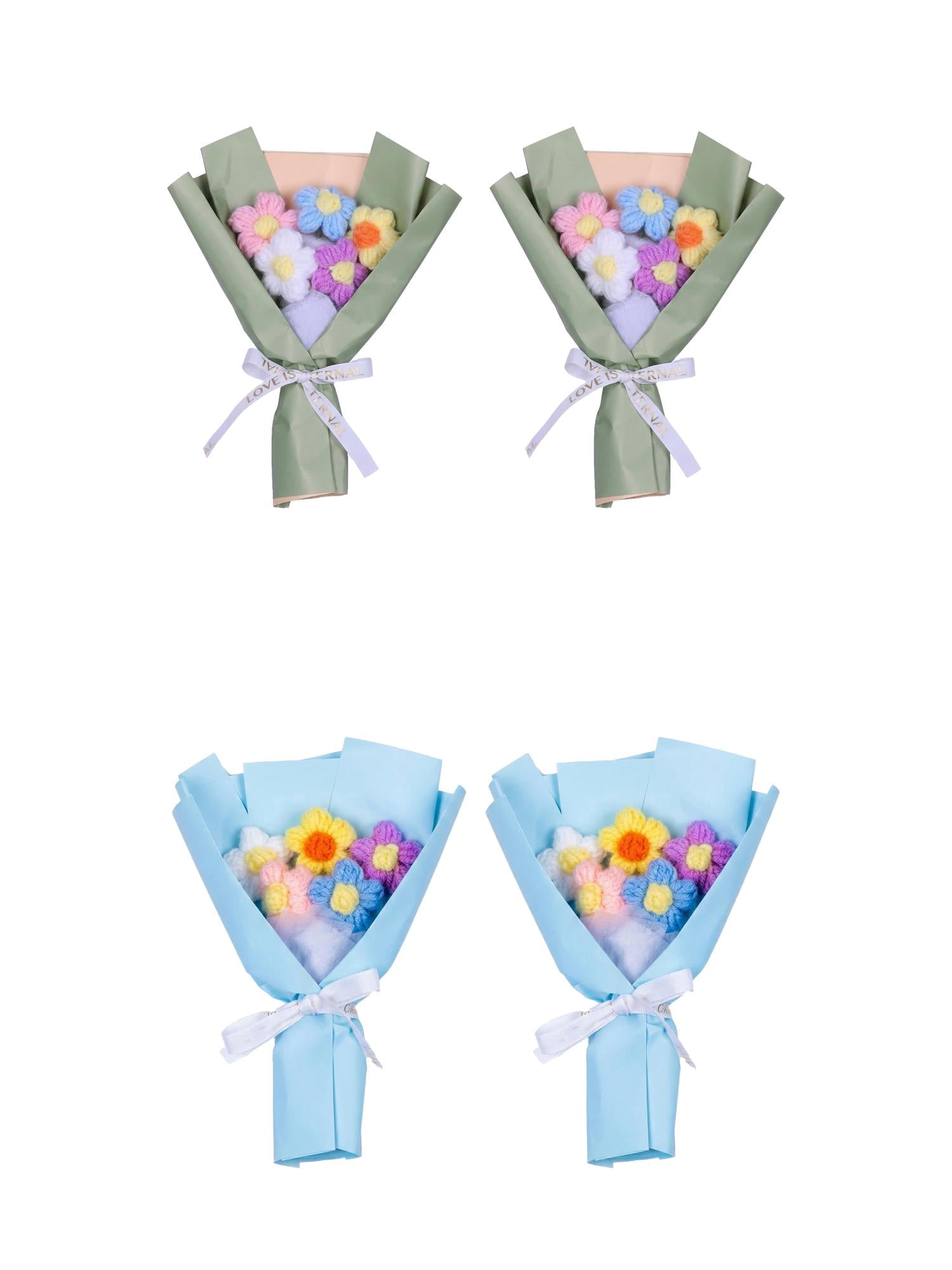 Unique Bargains 4Pcs Handmade Crochet Eternal Knitted Flowers Bouquet Blue Green 7.1in