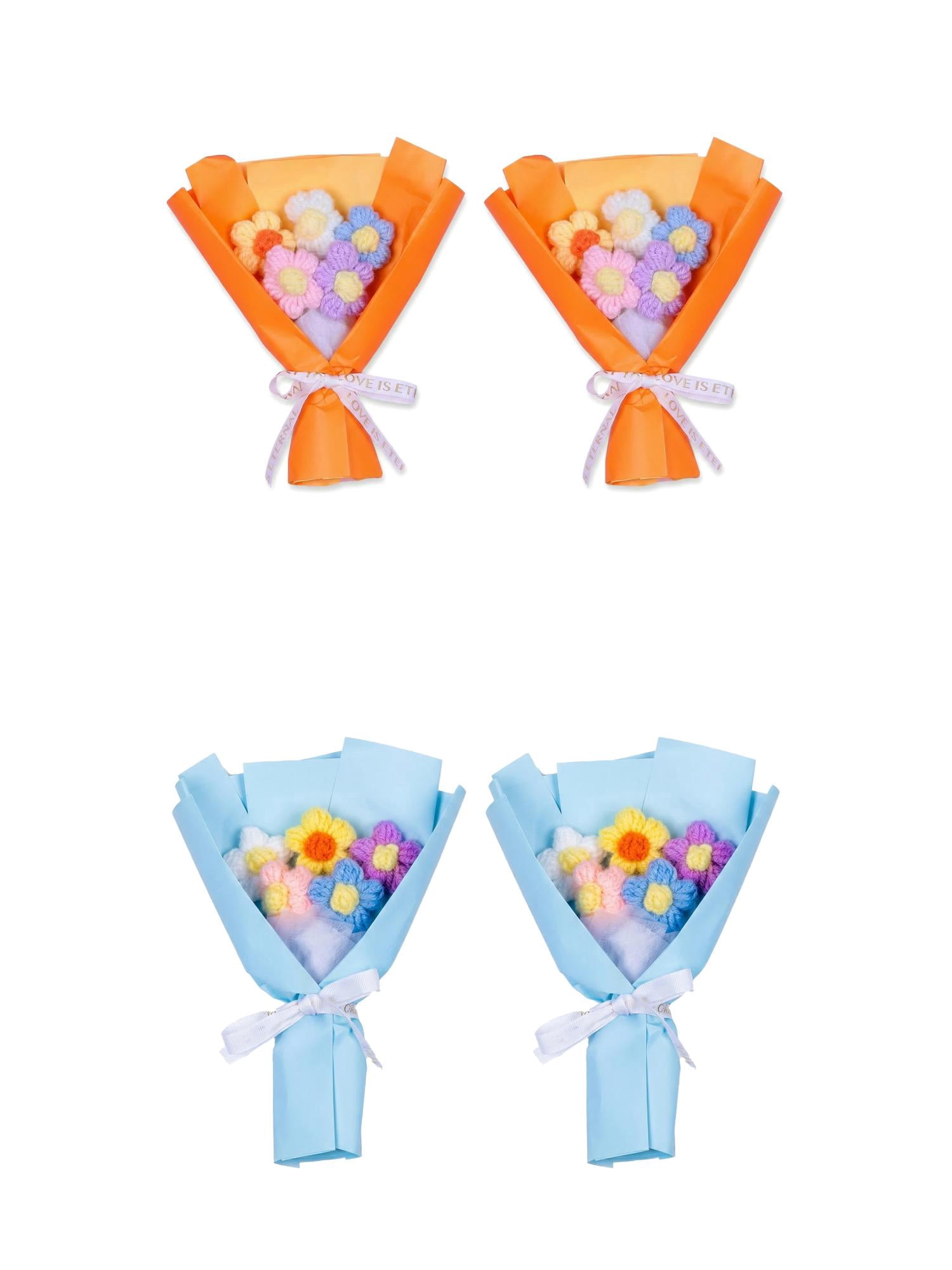 Unique Bargains 4Pcs Handmade Crochet Eternal Knitted Flowers Bouquet Blue Orange 7.1in