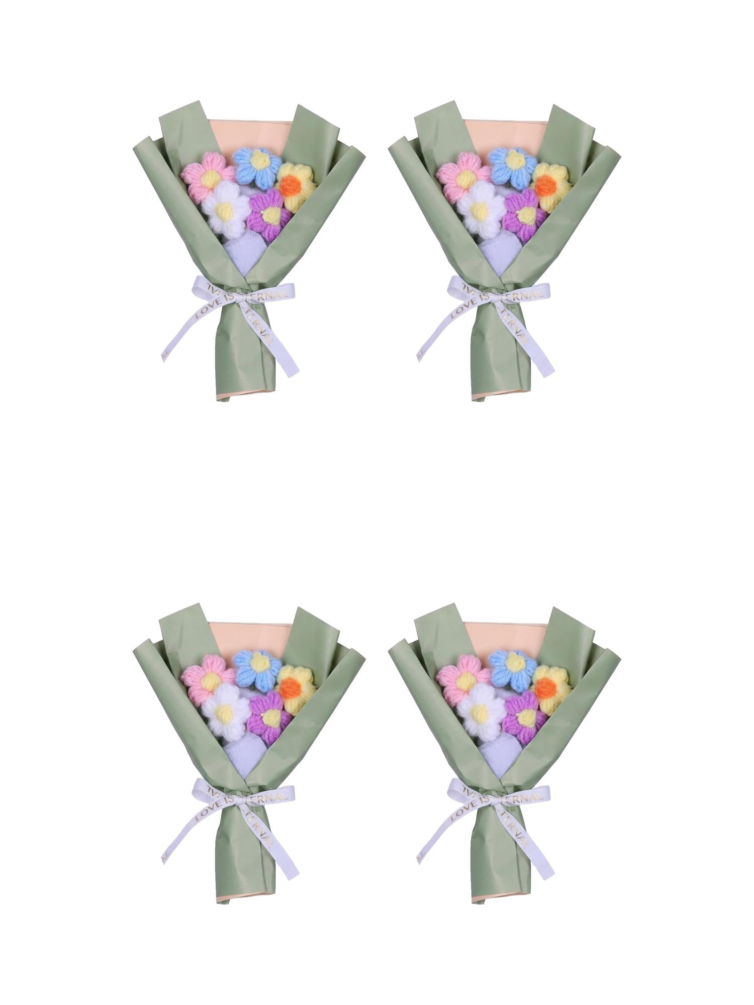 Unique Bargains 4Pcs Handmade Crochet Eternal Knitted Flowers Bouquet Green 7.1in