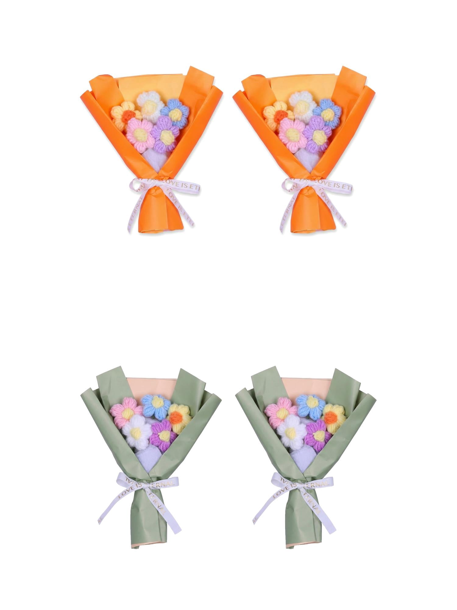 Unique Bargains 4Pcs Handmade Crochet Eternal Knitted Flowers Bouquet Orange Green 7.1in