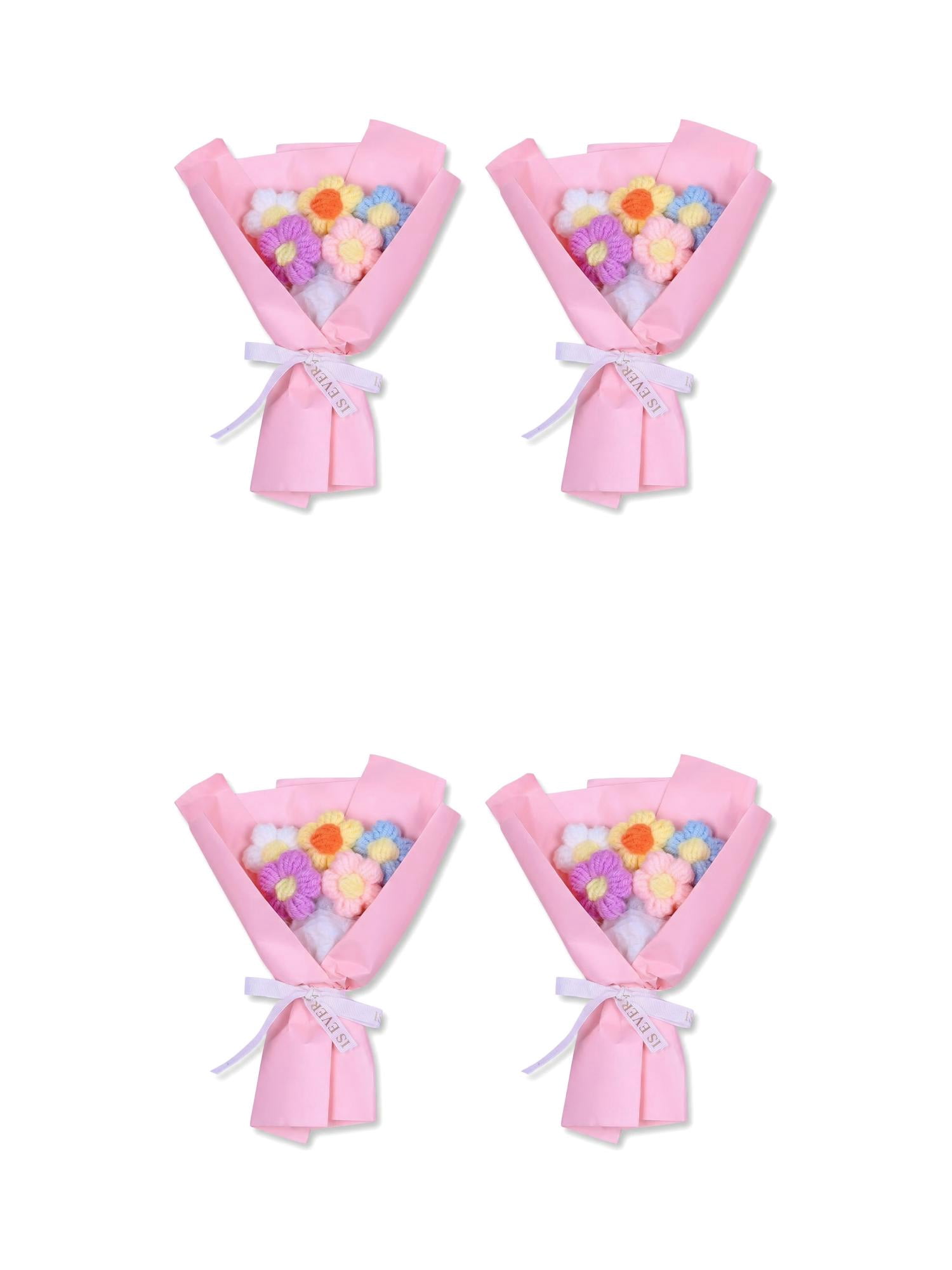 Unique Bargains 4Pcs Handmade Crochet Eternal Knitted Flowers Bouquet Pink 7.1in