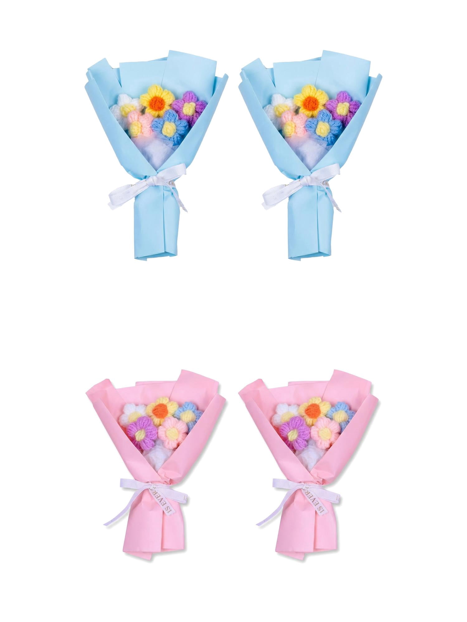 Unique Bargains 4Pcs Handmade Crochet Eternal Knitted Flowers Bouquet Pink Blue 7.1in