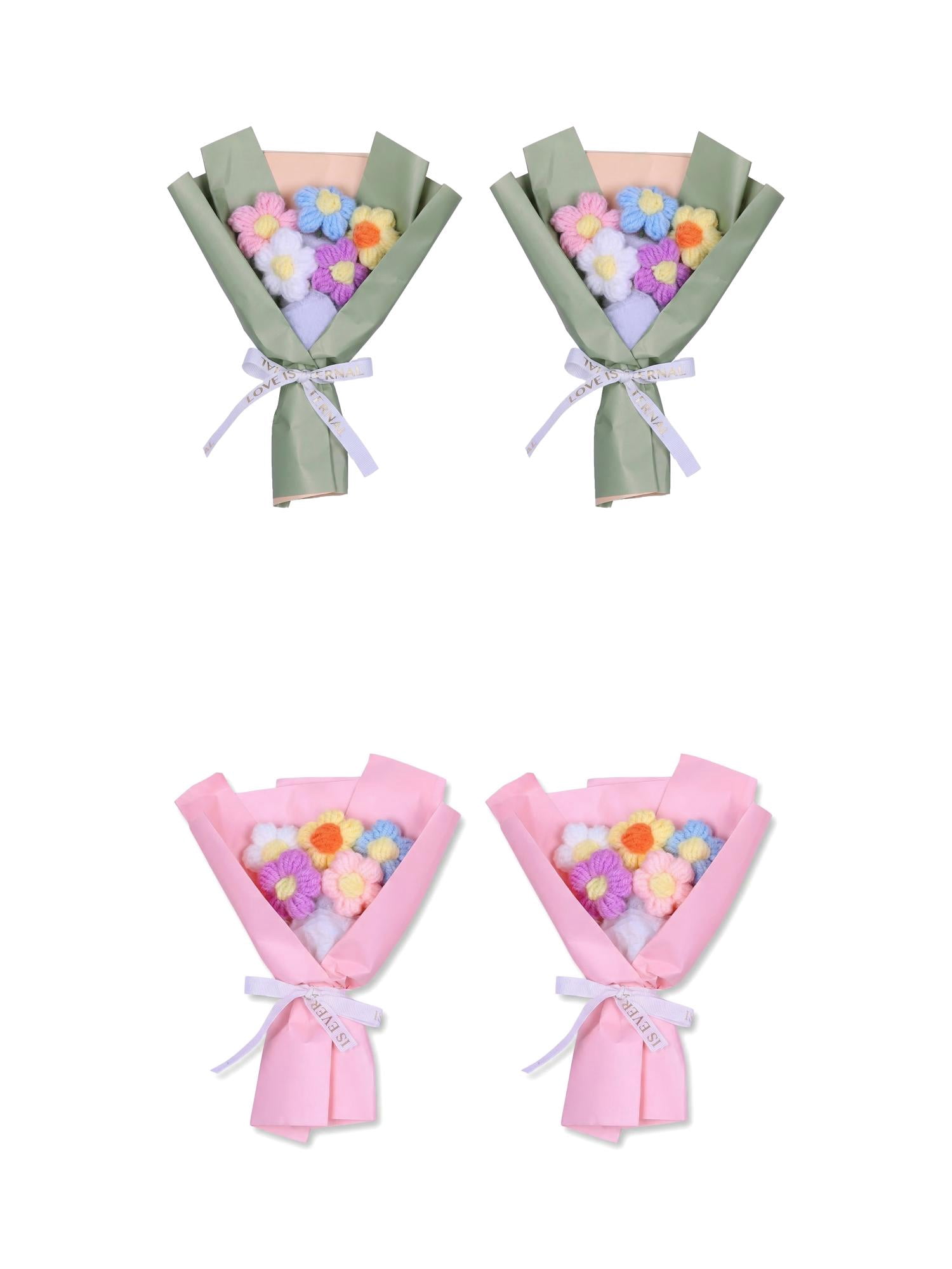 Unique Bargains 4Pcs Handmade Crochet Eternal Knitted Flowers Bouquet Pink Green 7.1in