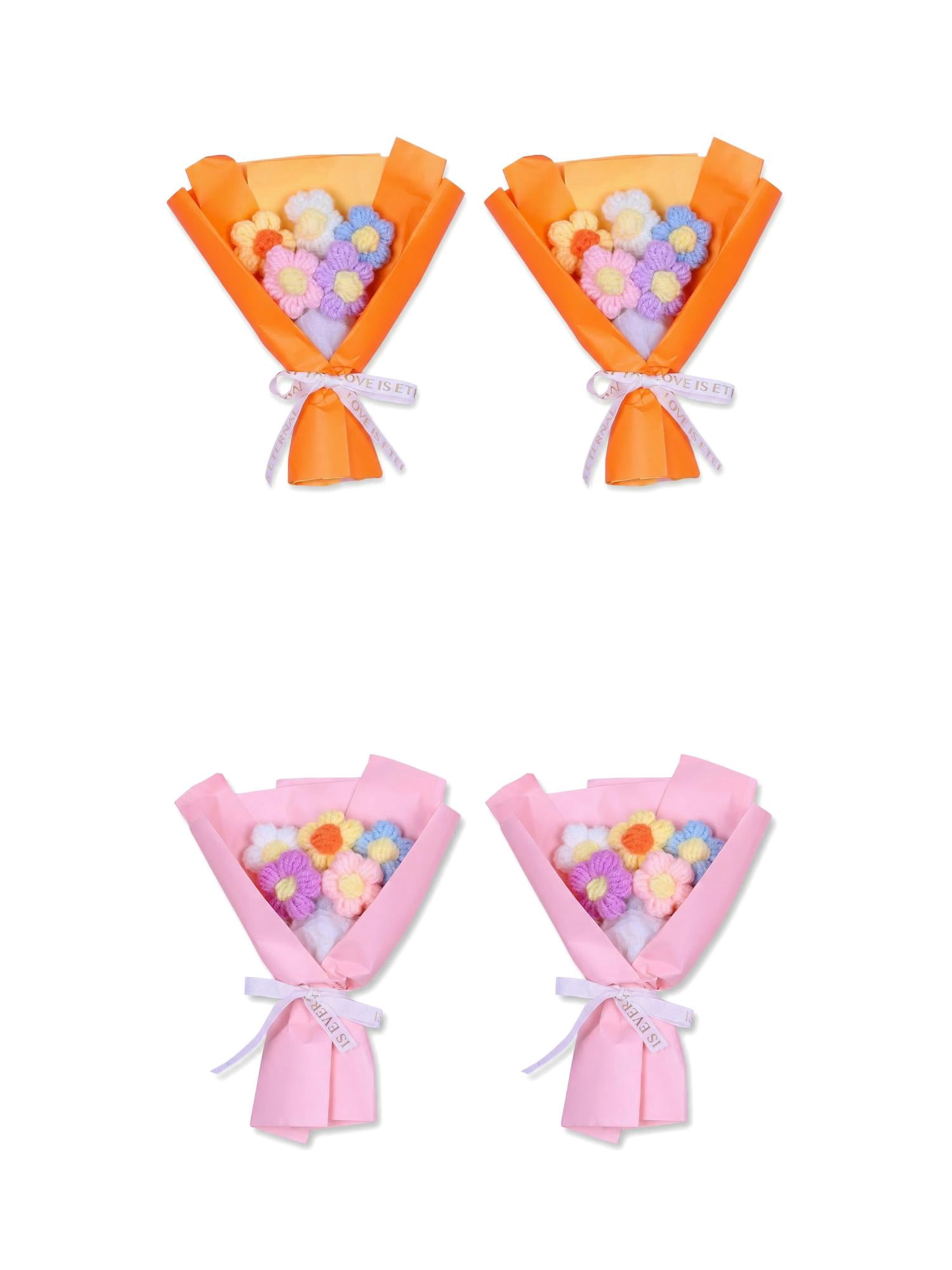 Unique Bargains 4Pcs Handmade Crochet Eternal Knitted Flowers Bouquet Pink Orange 7.1in