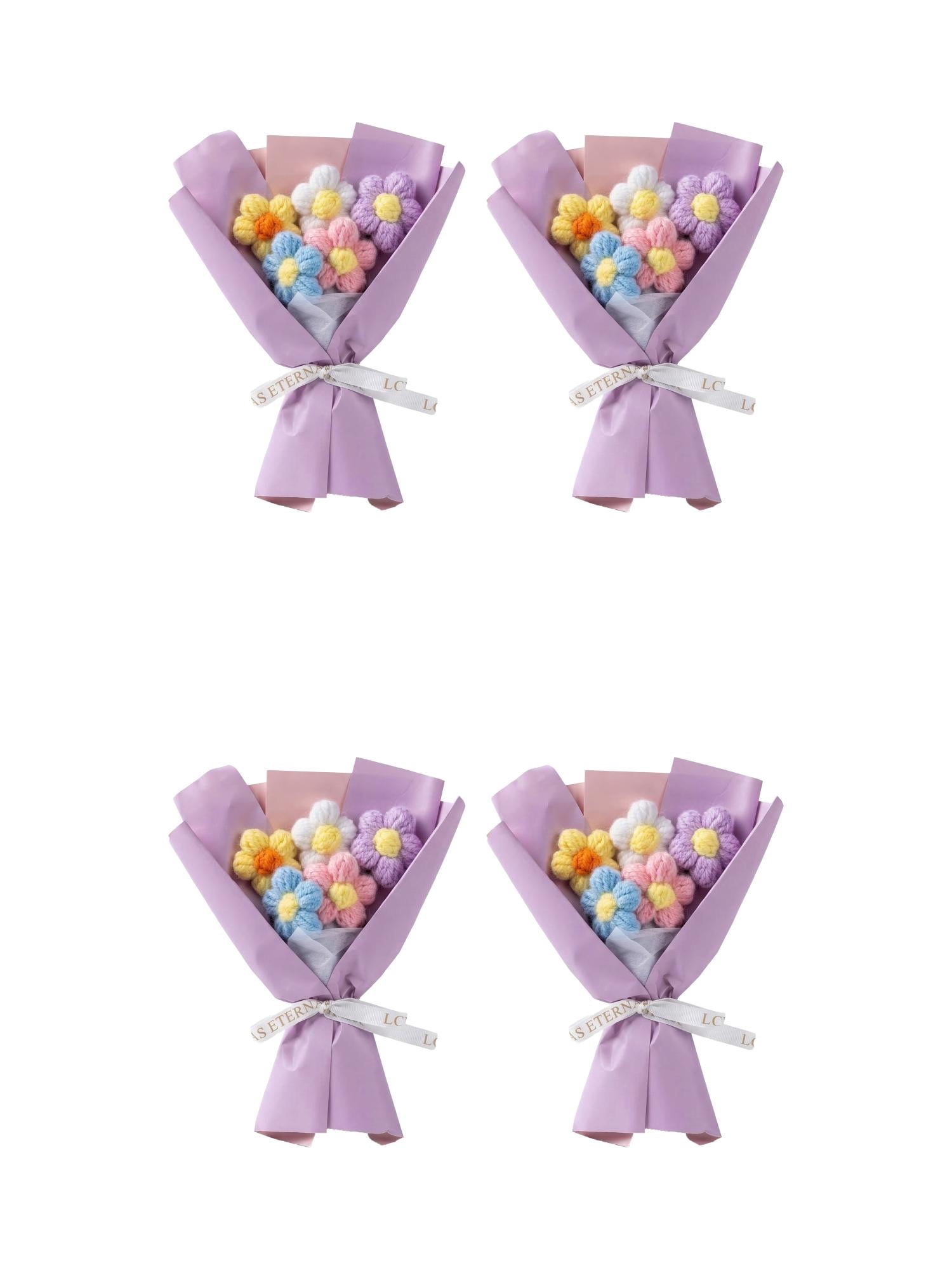 Unique Bargains 4Pcs Handmade Crochet Eternal Knitted Flowers Bouquet Purple 7.1in