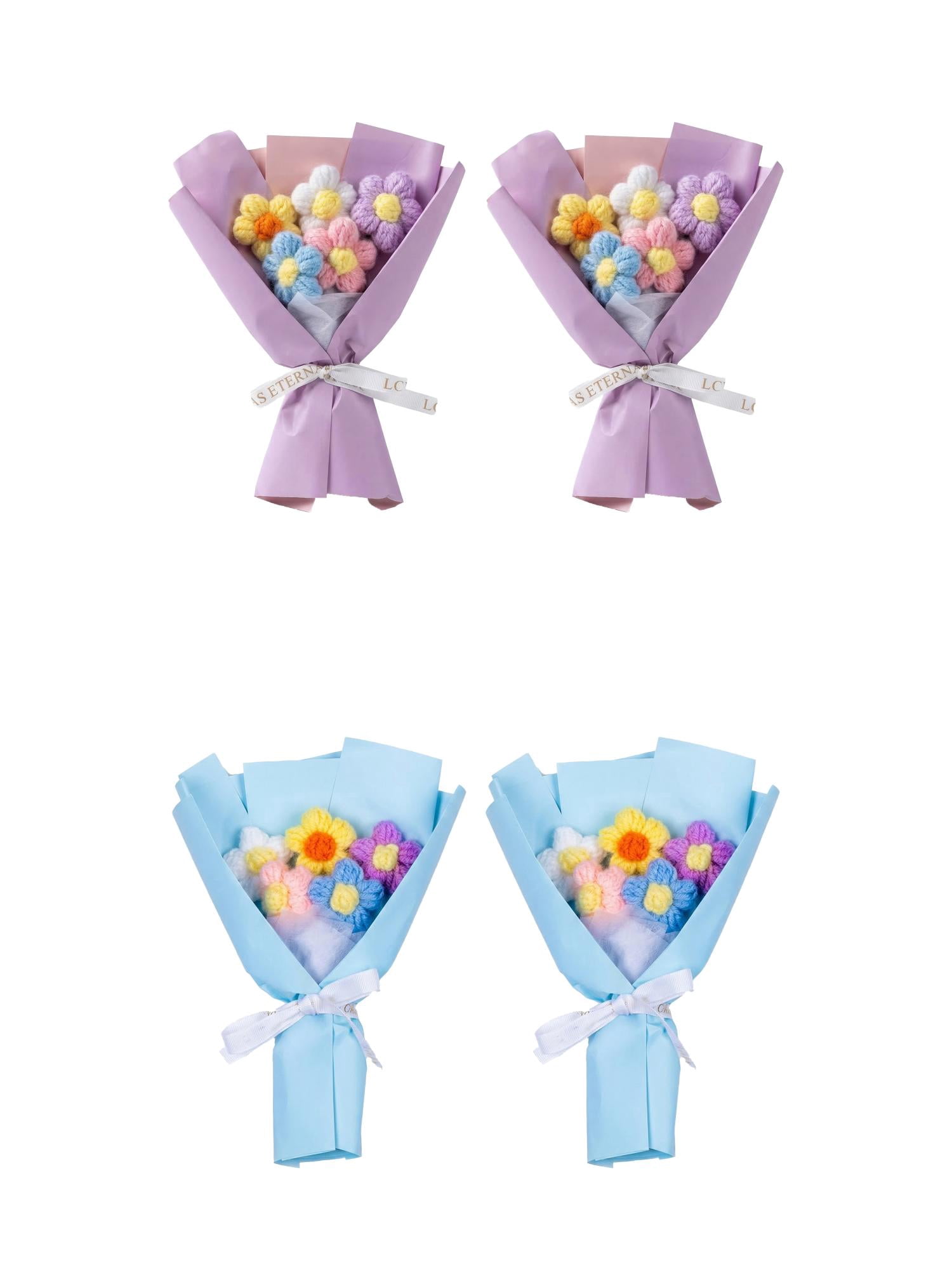 Unique Bargains 4Pcs Handmade Crochet Eternal Knitted Flowers Bouquet Purple Blue 7.1in