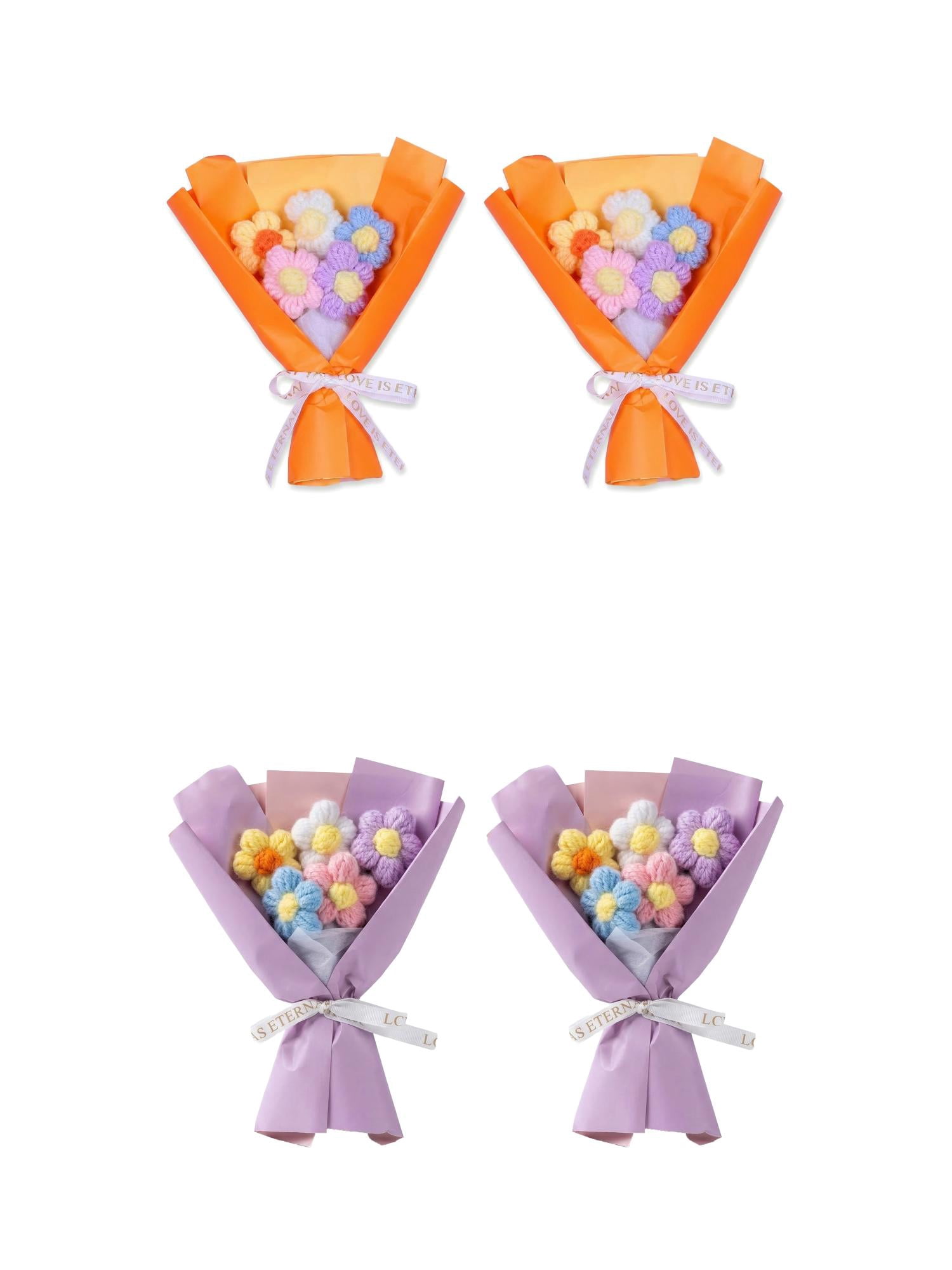 Unique Bargains 4Pcs Handmade Crochet Eternal Knitted Flowers Bouquet Purple Orange 7.1in
