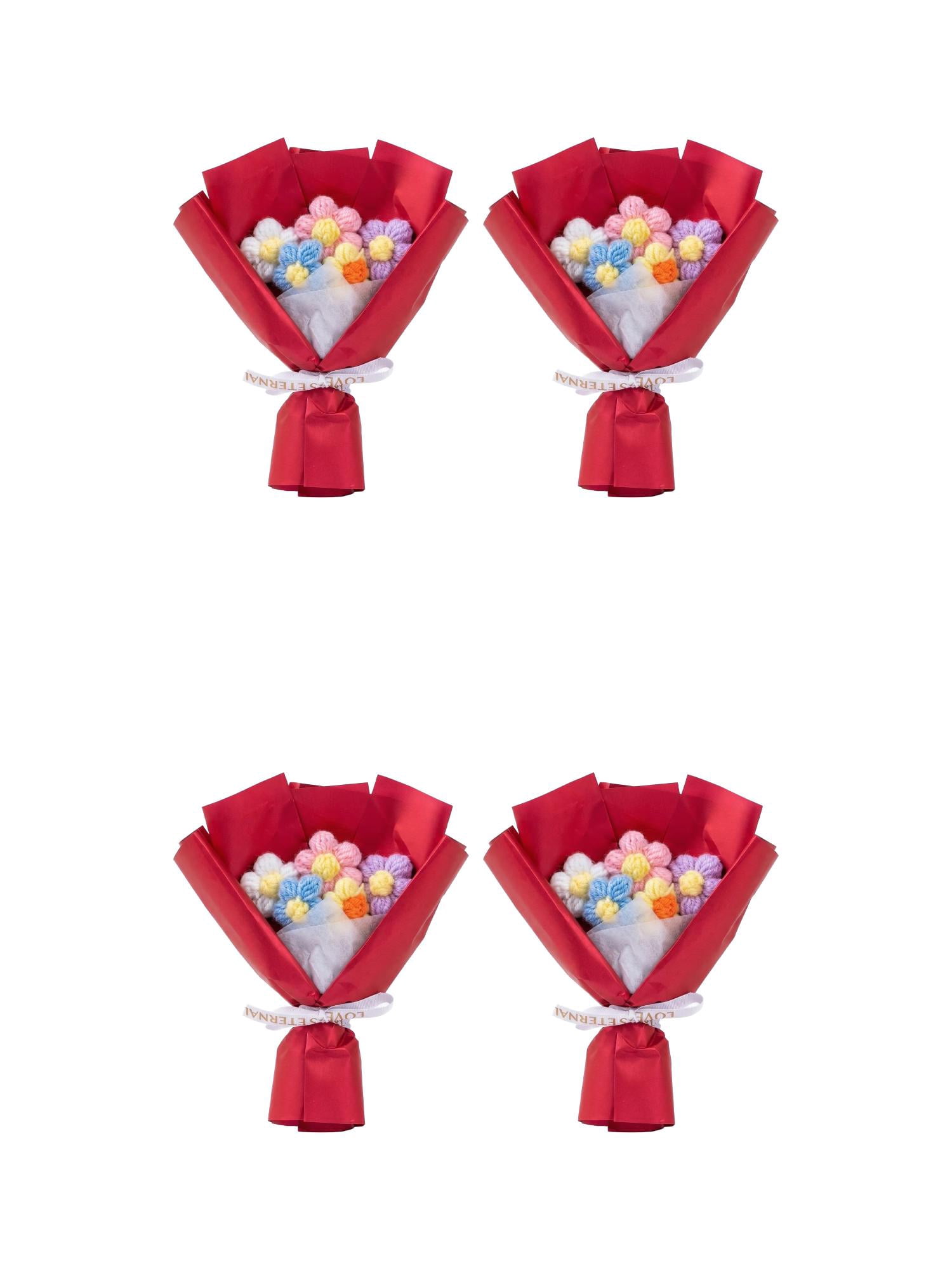 Unique Bargains 4Pcs Handmade Crochet Eternal Knitted Flowers Bouquet Red 7.1in