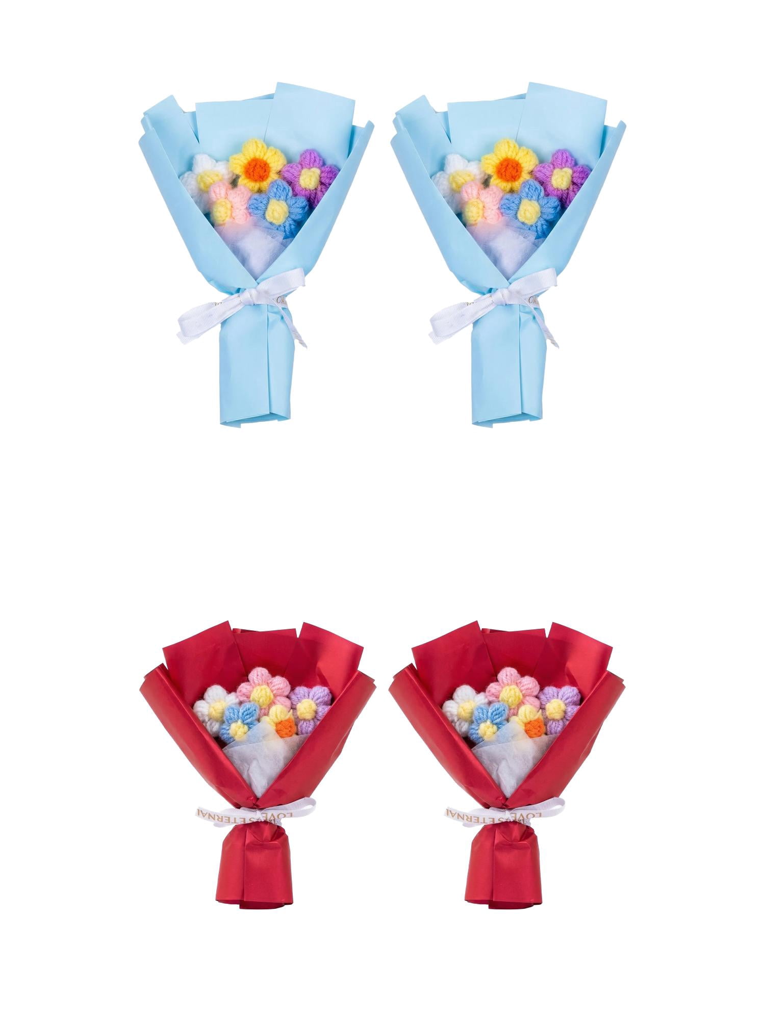 Unique Bargains 4Pcs Handmade Crochet Eternal Knitted Flowers Bouquet Red Blue 7.1in