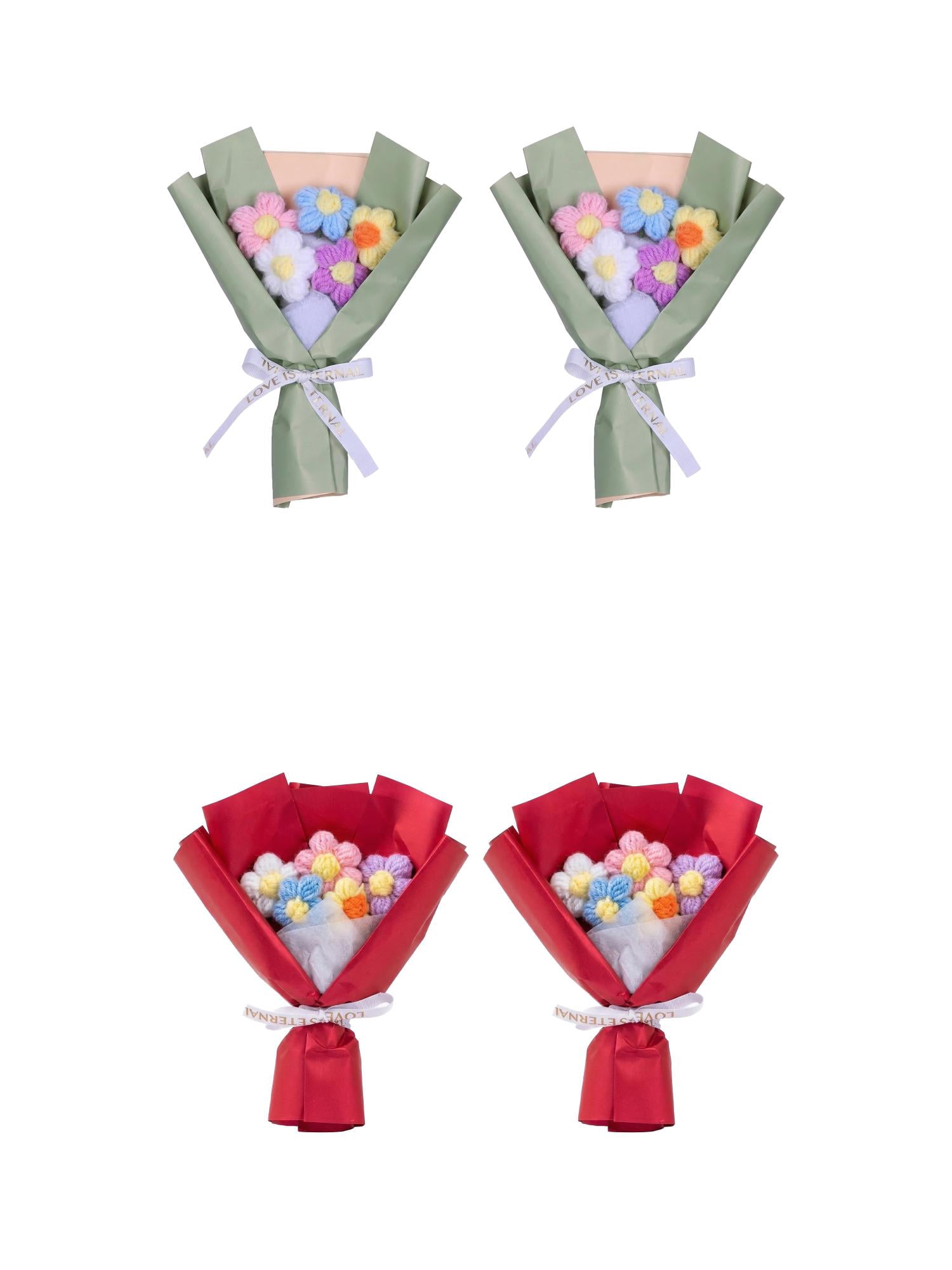 Unique Bargains 4Pcs Handmade Crochet Eternal Knitted Flowers Bouquet Red Green 7.1in