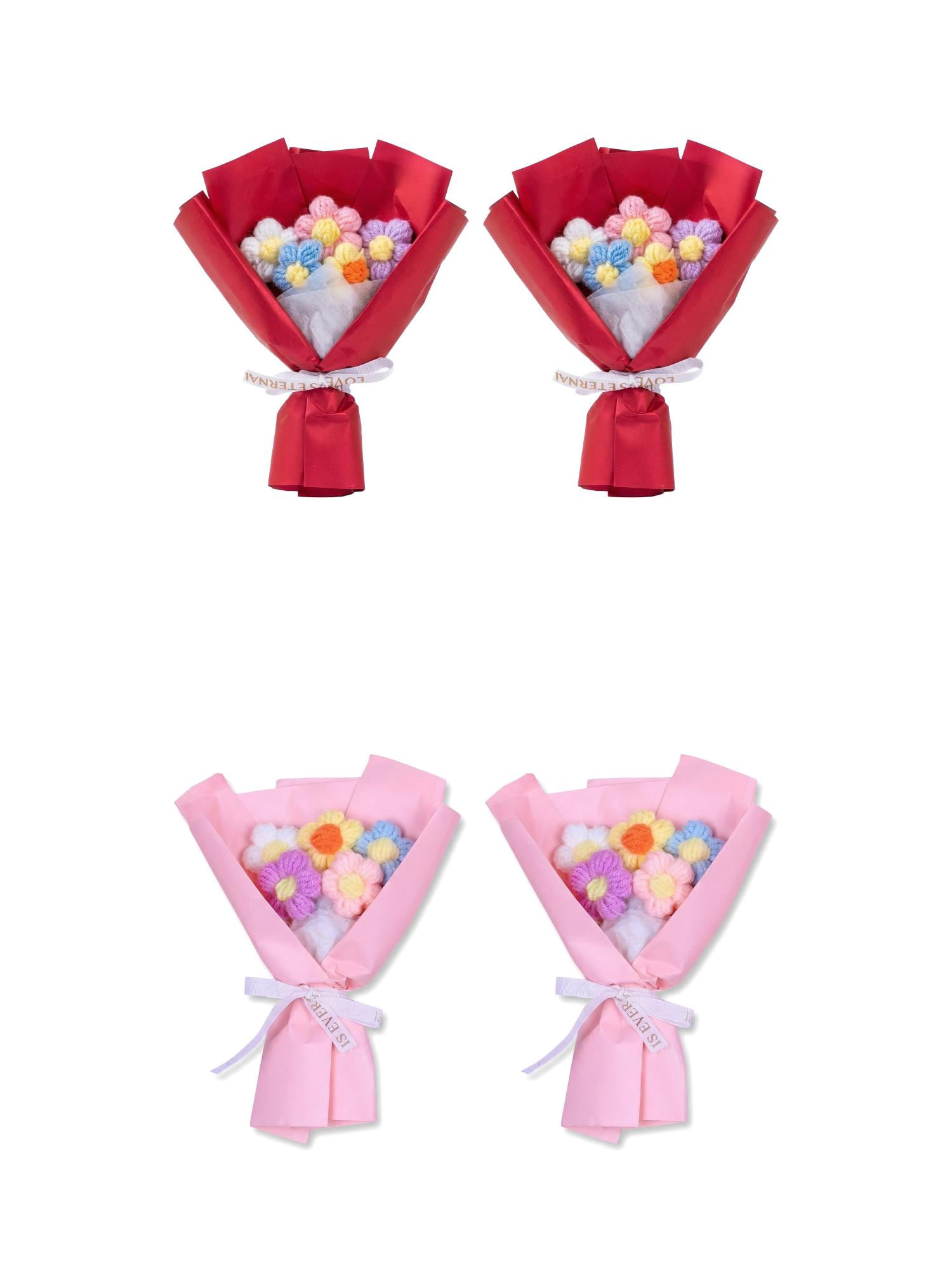 Unique Bargains 4Pcs Handmade Crochet Eternal Knitted Flowers Bouquet Red Pink 7.1in