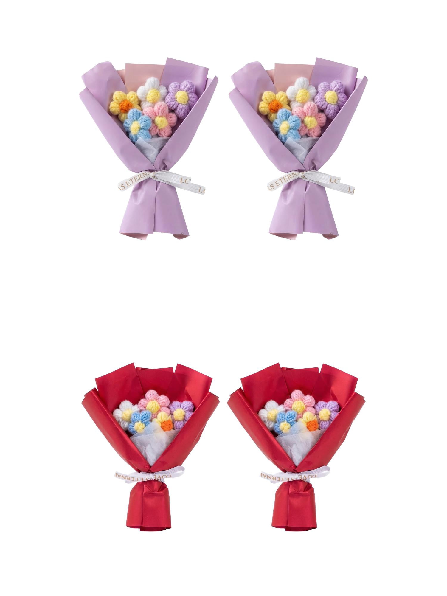 Unique Bargains 4Pcs Handmade Crochet Eternal Knitted Flowers Bouquet Red Purple 7.1in