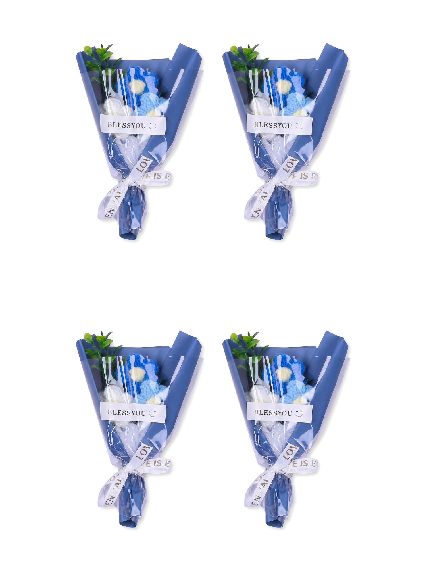 Unique Bargains 4Pcs Handmade Crochet Potted Flowers Knitted Bouquet Blue 5.9in