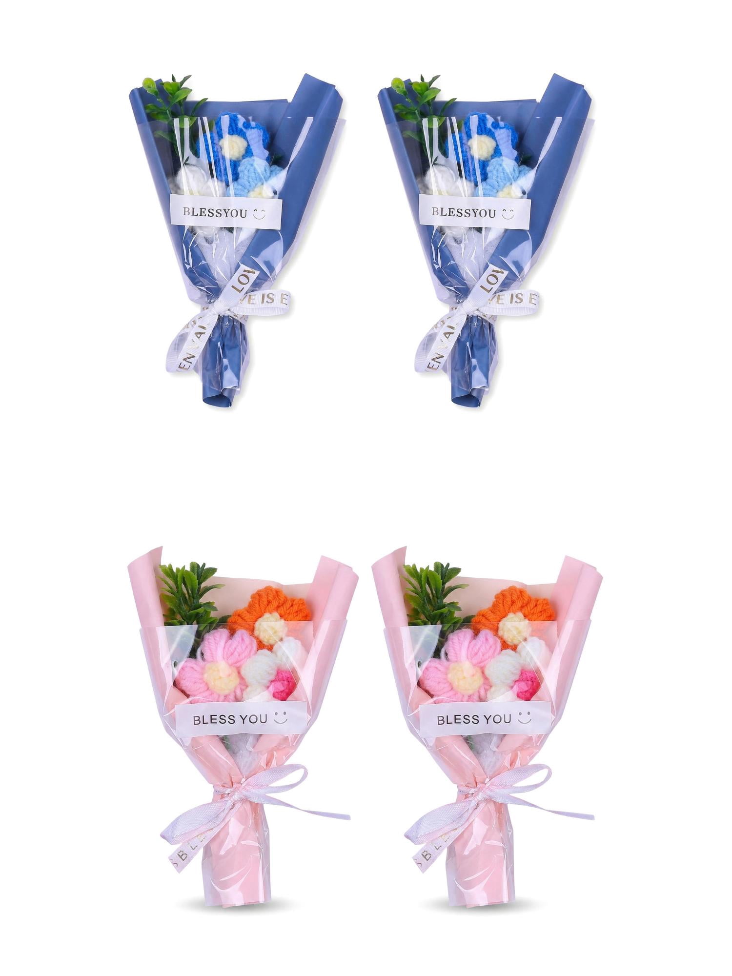 Unique Bargains 4Pcs Handmade Crochet Potted Flowers Knitted Bouquet Blue Pink 5.9in