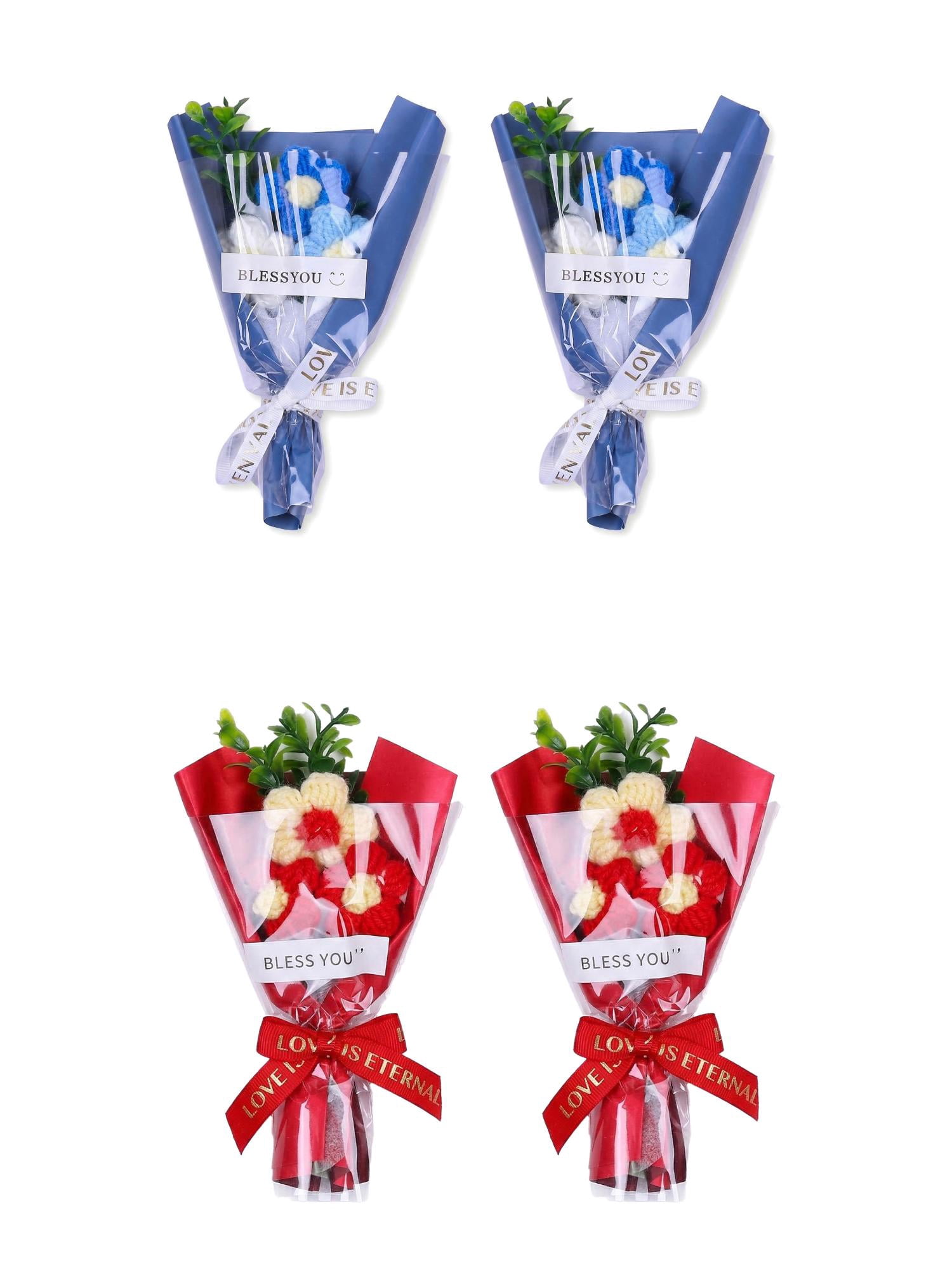 Unique Bargains 4Pcs Handmade Crochet Potted Flowers Knitted Bouquet Blue Red 5.9in
