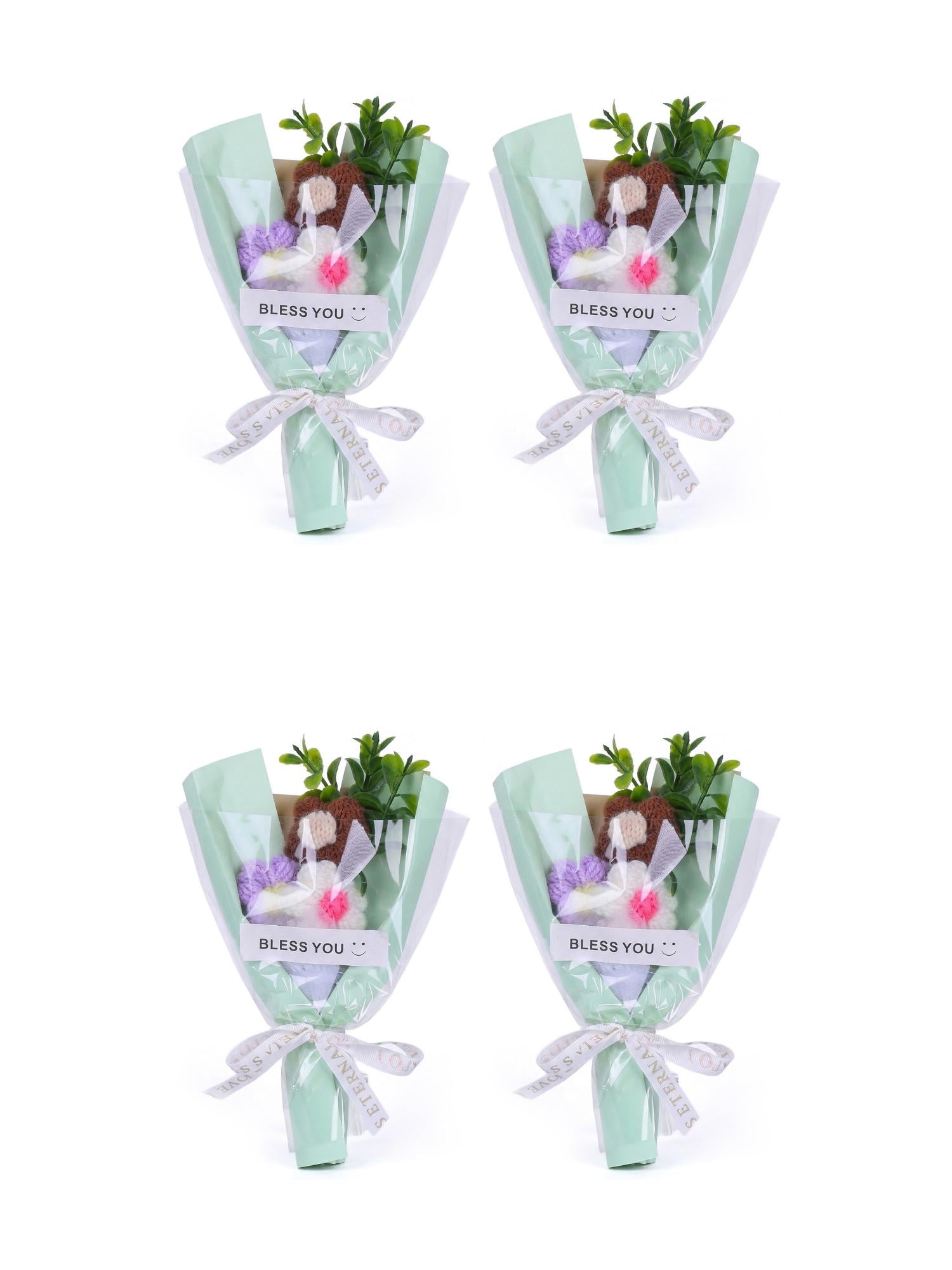 Unique Bargains 4Pcs Handmade Crochet Potted Flowers Knitted Bouquet Green 5.9in