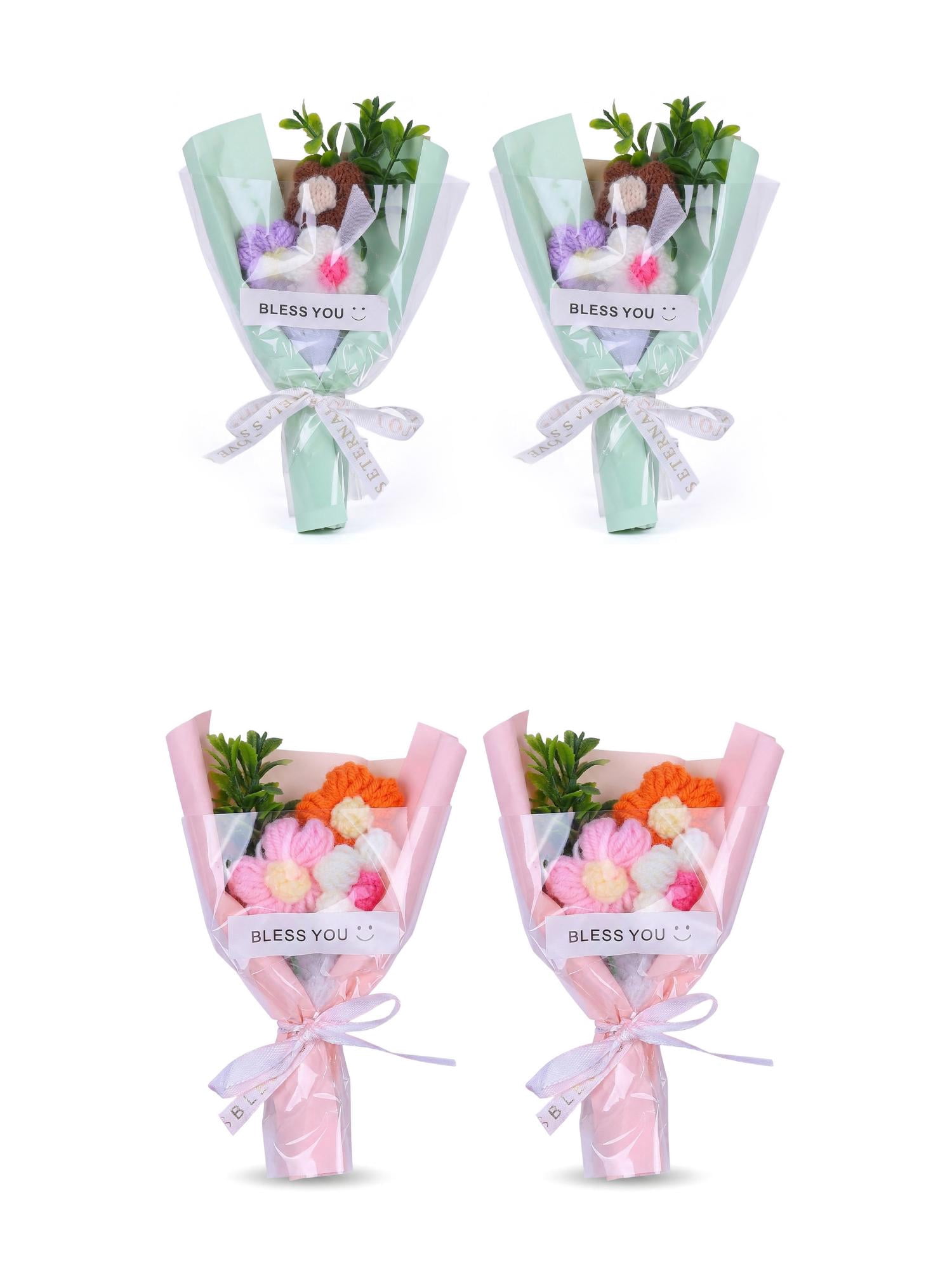 Unique Bargains 4Pcs Handmade Crochet Potted Flowers Knitted Bouquet Green Pink 5.9in