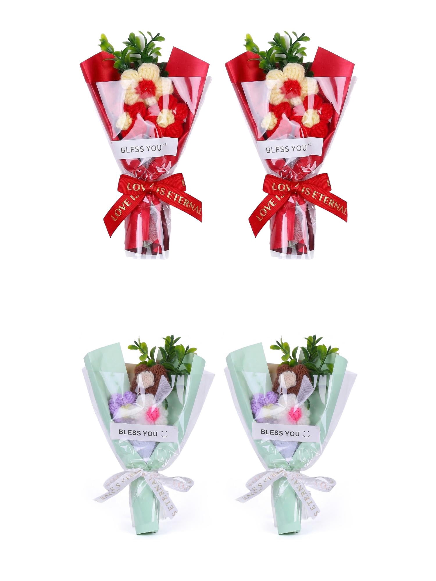 Unique Bargains 4Pcs Handmade Crochet Potted Flowers Knitted Bouquet Green Red 5.9in