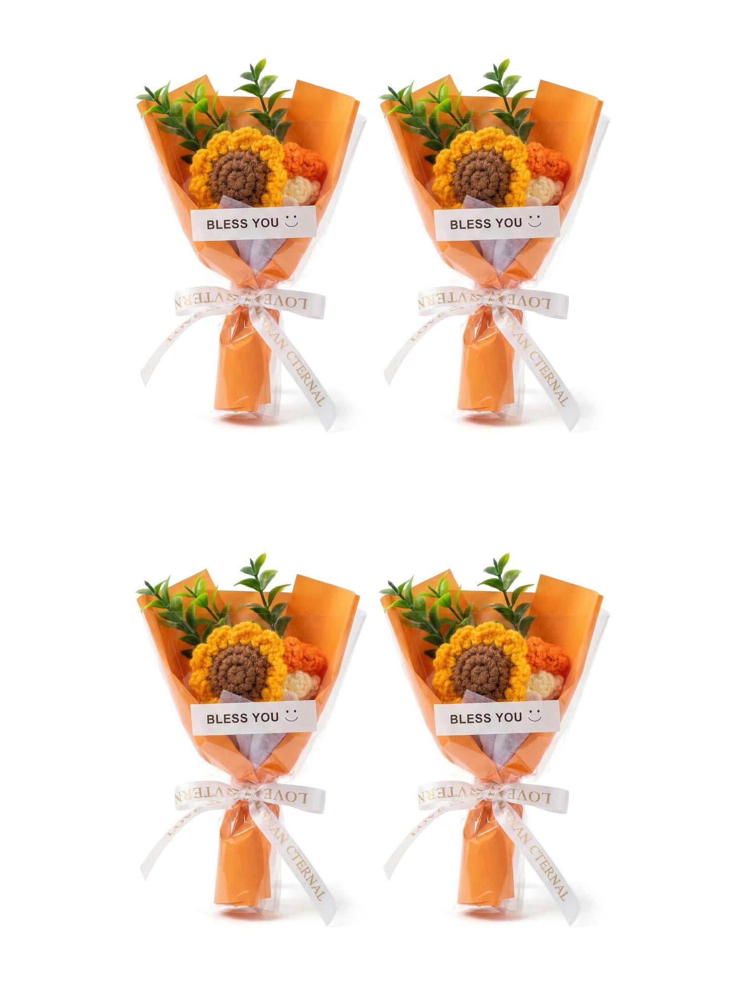 Unique Bargains 4Pcs Handmade Crochet Potted Flowers Knitted Bouquet Orange 5.9in
