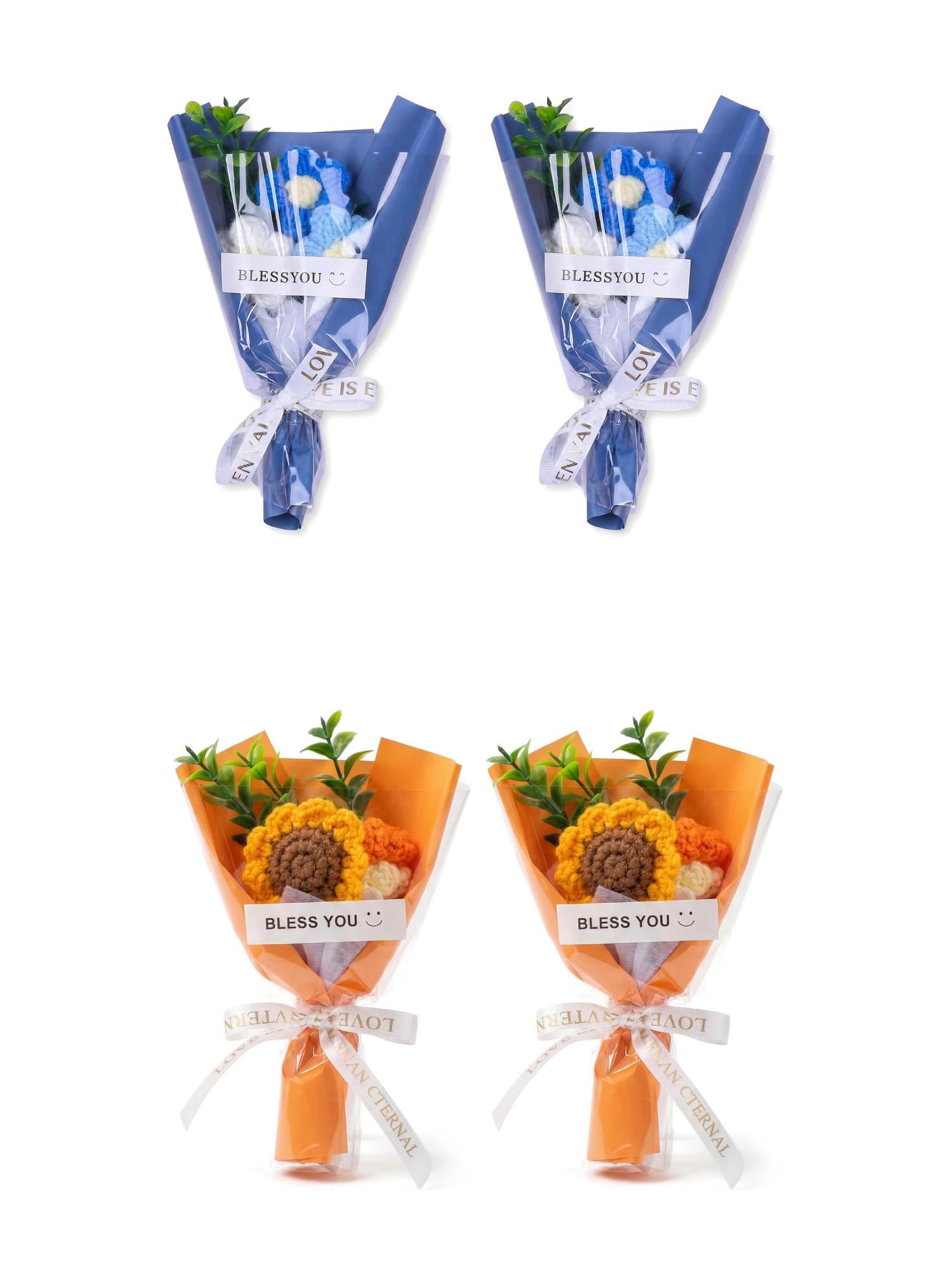 Unique Bargains 4Pcs Handmade Crochet Potted Flowers Knitted Bouquet Orange Blue 5.9in