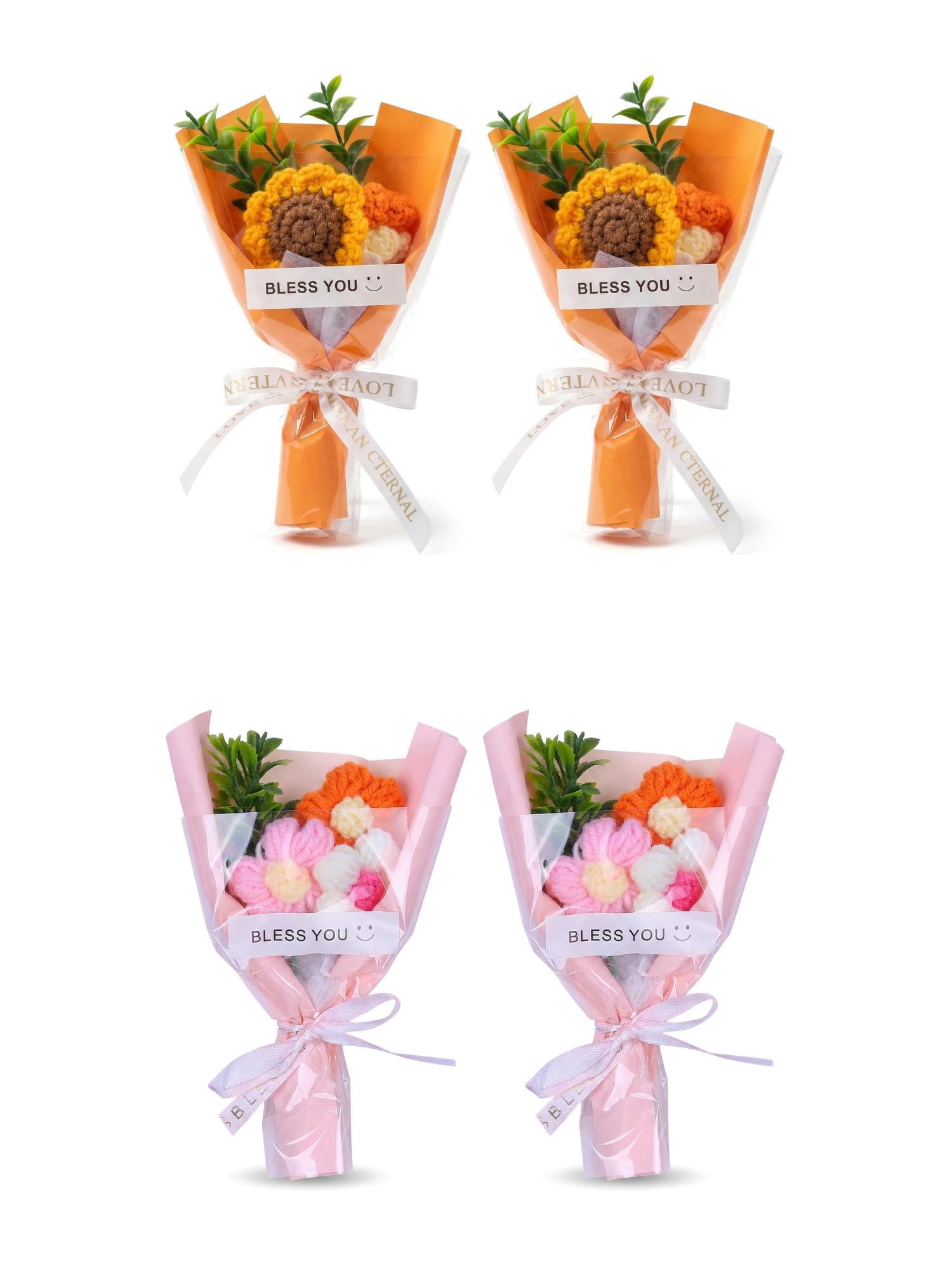 Unique Bargains 4Pcs Handmade Crochet Potted Flowers Knitted Bouquet Orange Pink 5.9in