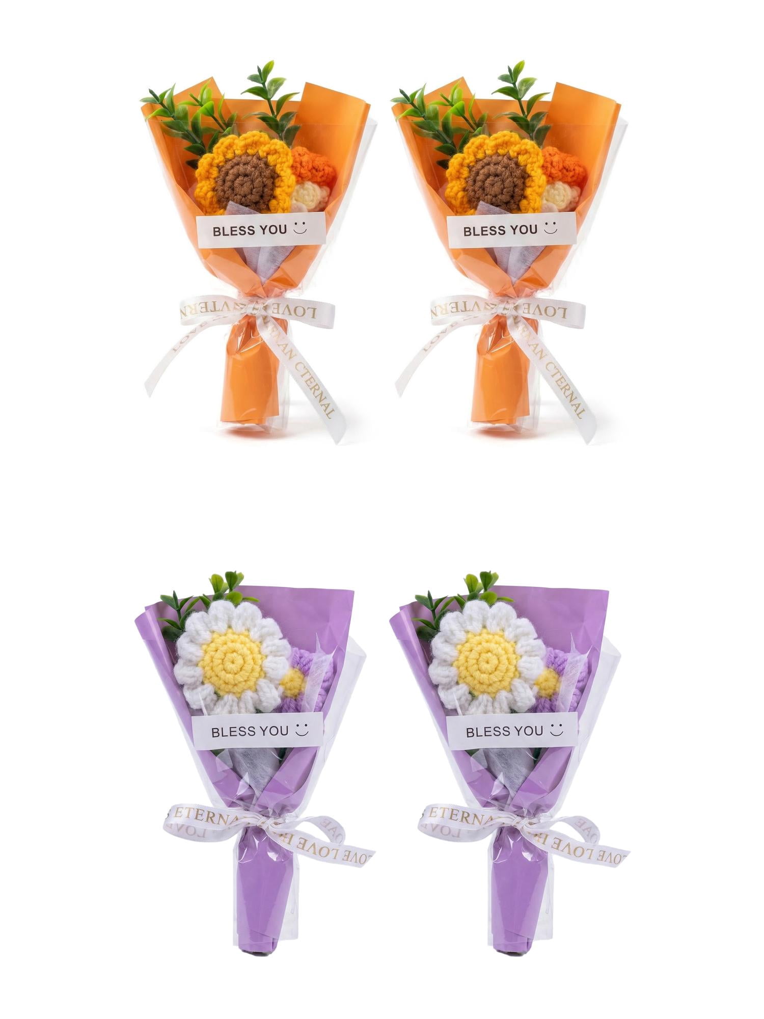 Unique Bargains 4Pcs Handmade Crochet Potted Flowers Knitted Bouquet Orange Purple 5.9in