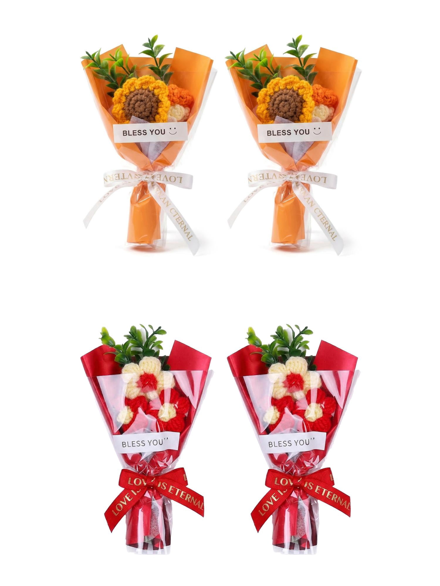Unique Bargains 4Pcs Handmade Crochet Potted Flowers Knitted Bouquet Orange Red 5.9in