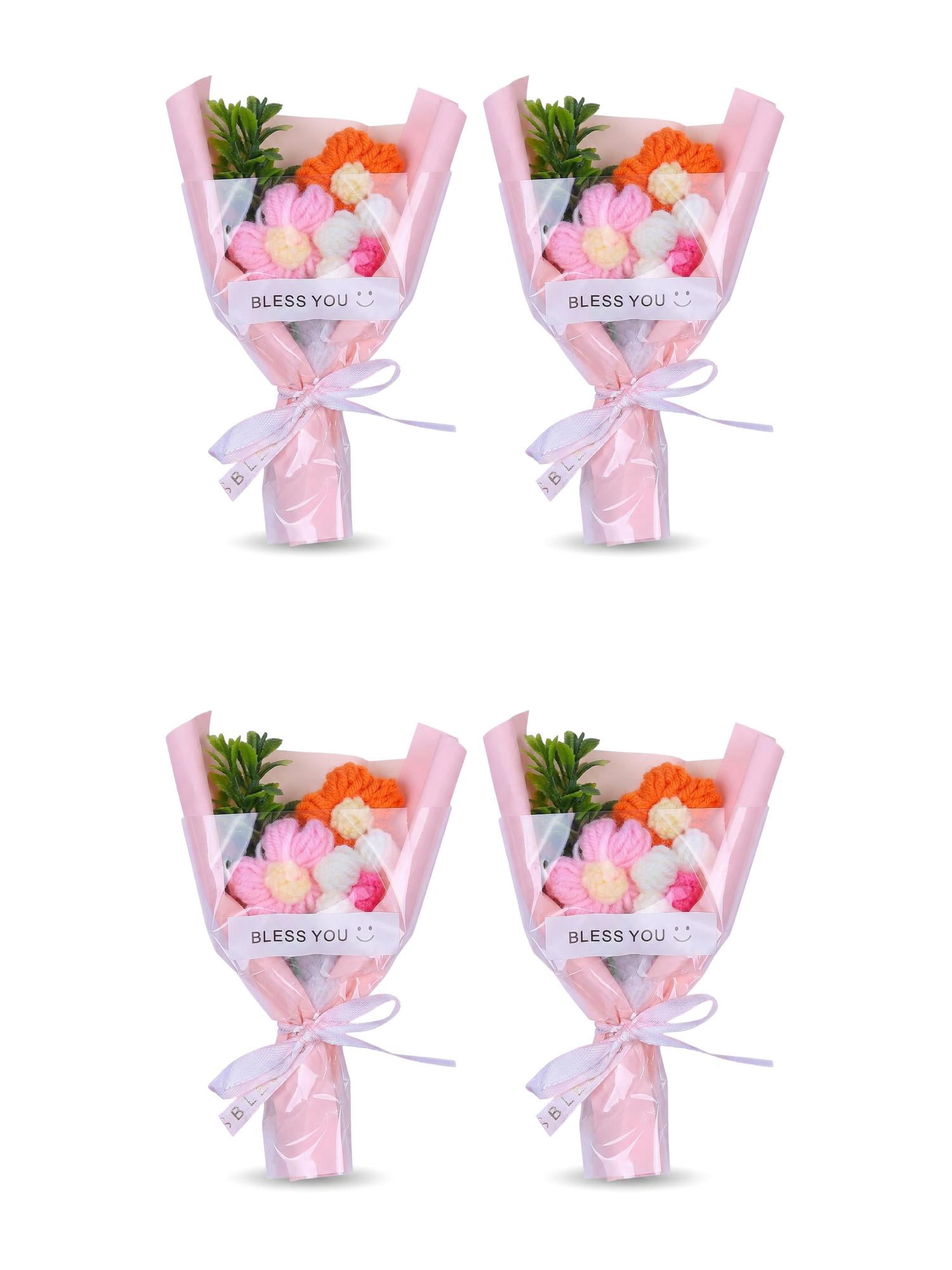 Unique Bargains 4Pcs Handmade Crochet Potted Flowers Knitted Bouquet Pink 5.9in