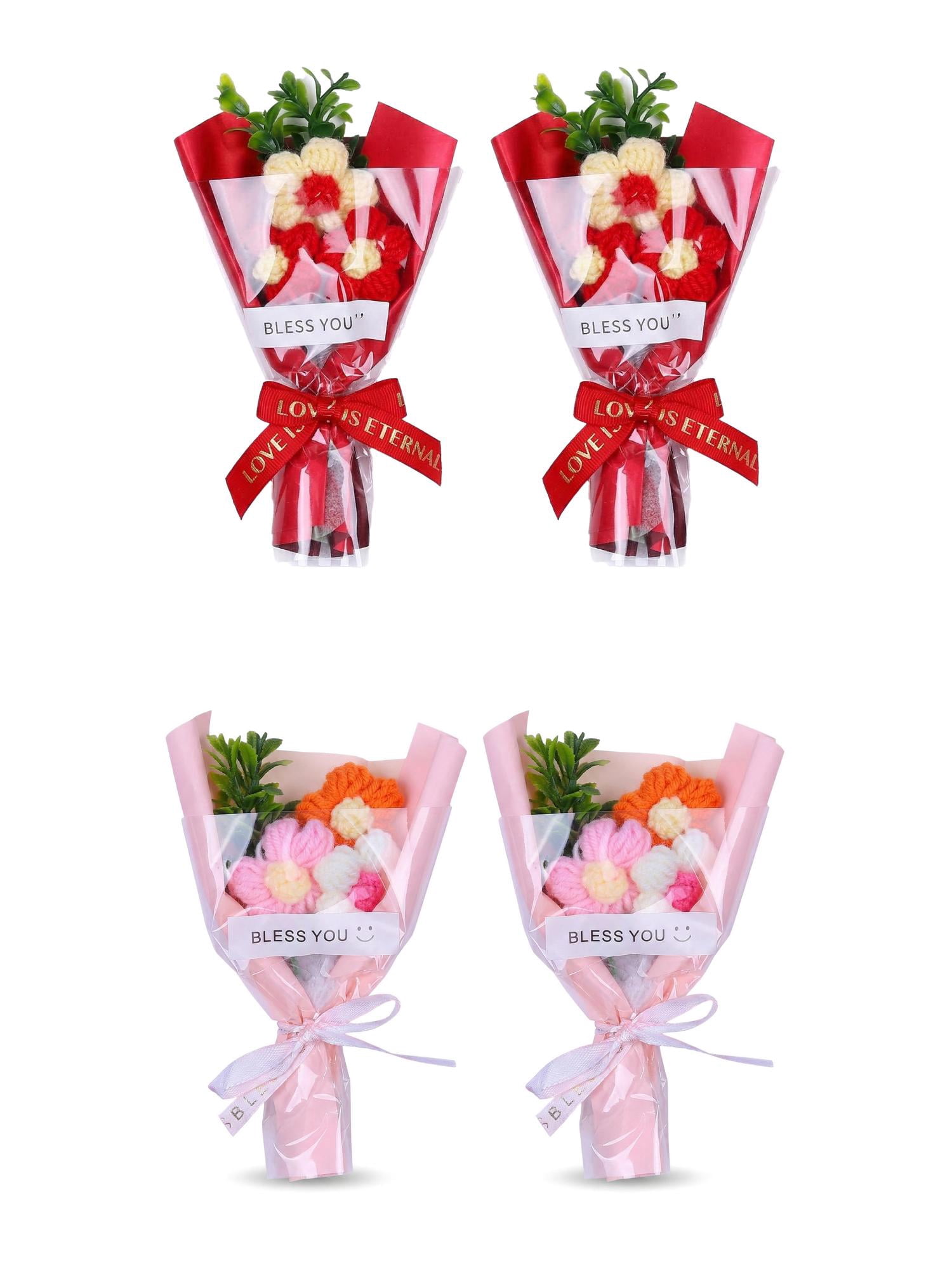 Unique Bargains 4Pcs Handmade Crochet Potted Flowers Knitted Bouquet Pink Red 5.9in