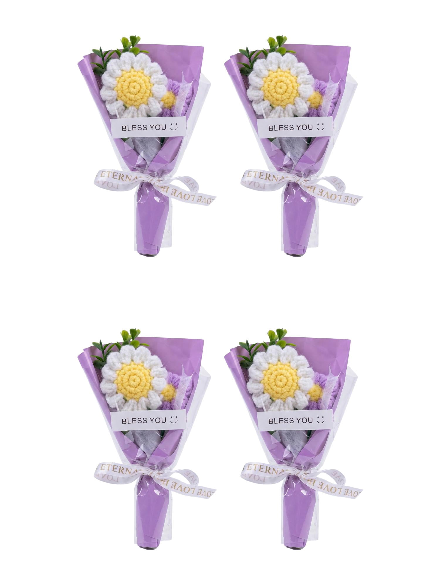 Unique Bargains 4Pcs Handmade Crochet Potted Flowers Knitted Bouquet Purple 5.9in