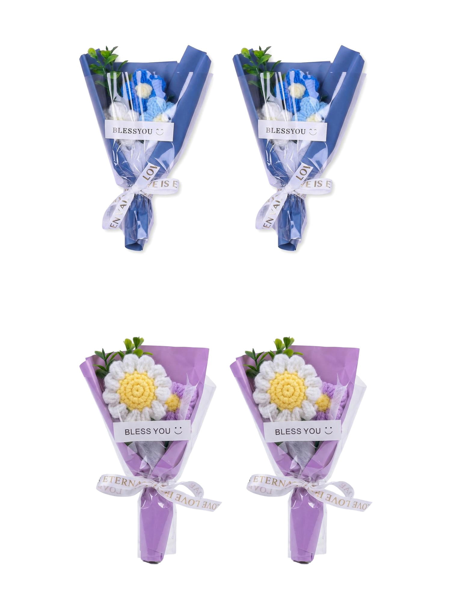 Unique Bargains 4Pcs Handmade Crochet Potted Flowers Knitted Bouquet Purple Blue 5.9in