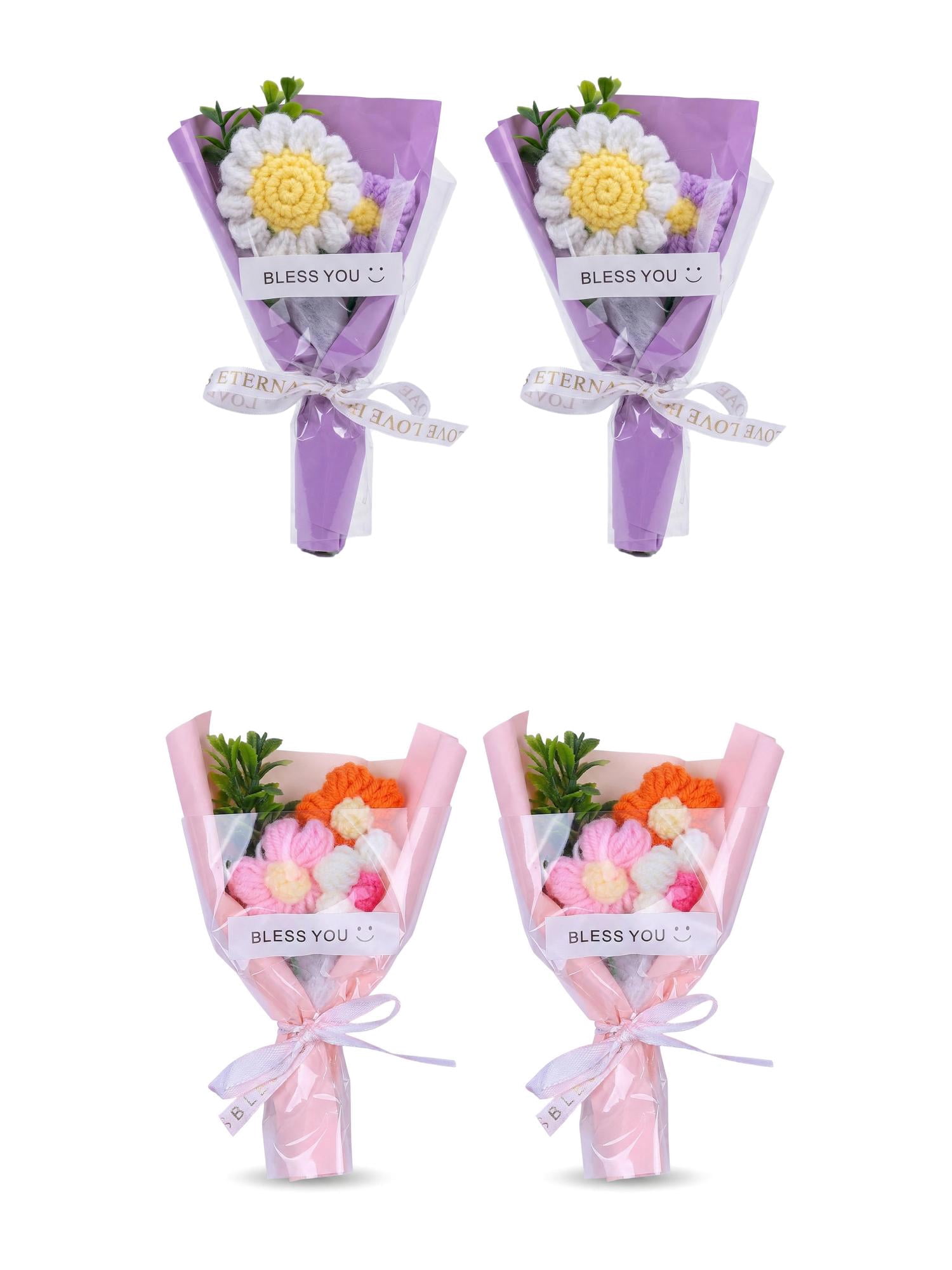 Unique Bargains 4Pcs Handmade Crochet Potted Flowers Knitted Bouquet Purple Pink 5.9in