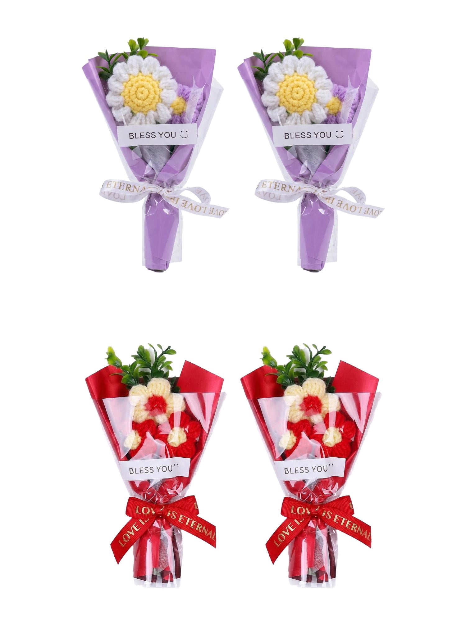 Unique Bargains 4Pcs Handmade Crochet Potted Flowers Knitted Bouquet Purple Red 5.9in