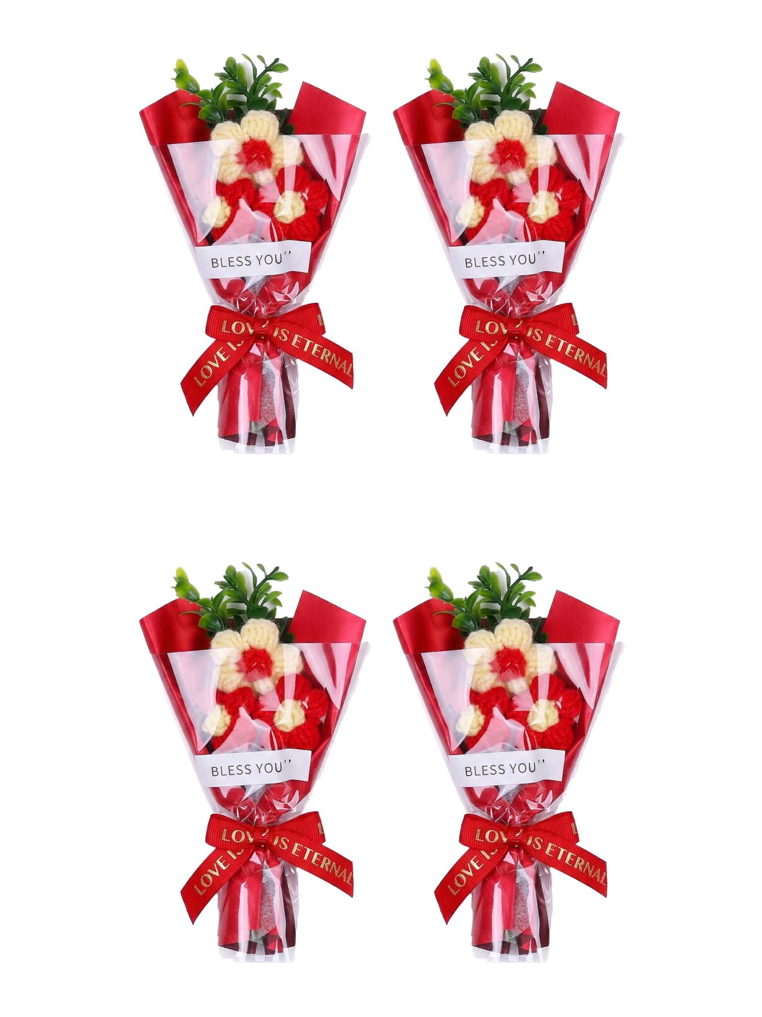Unique Bargains 4Pcs Handmade Crochet Potted Flowers Knitted Bouquet Red 5.9in