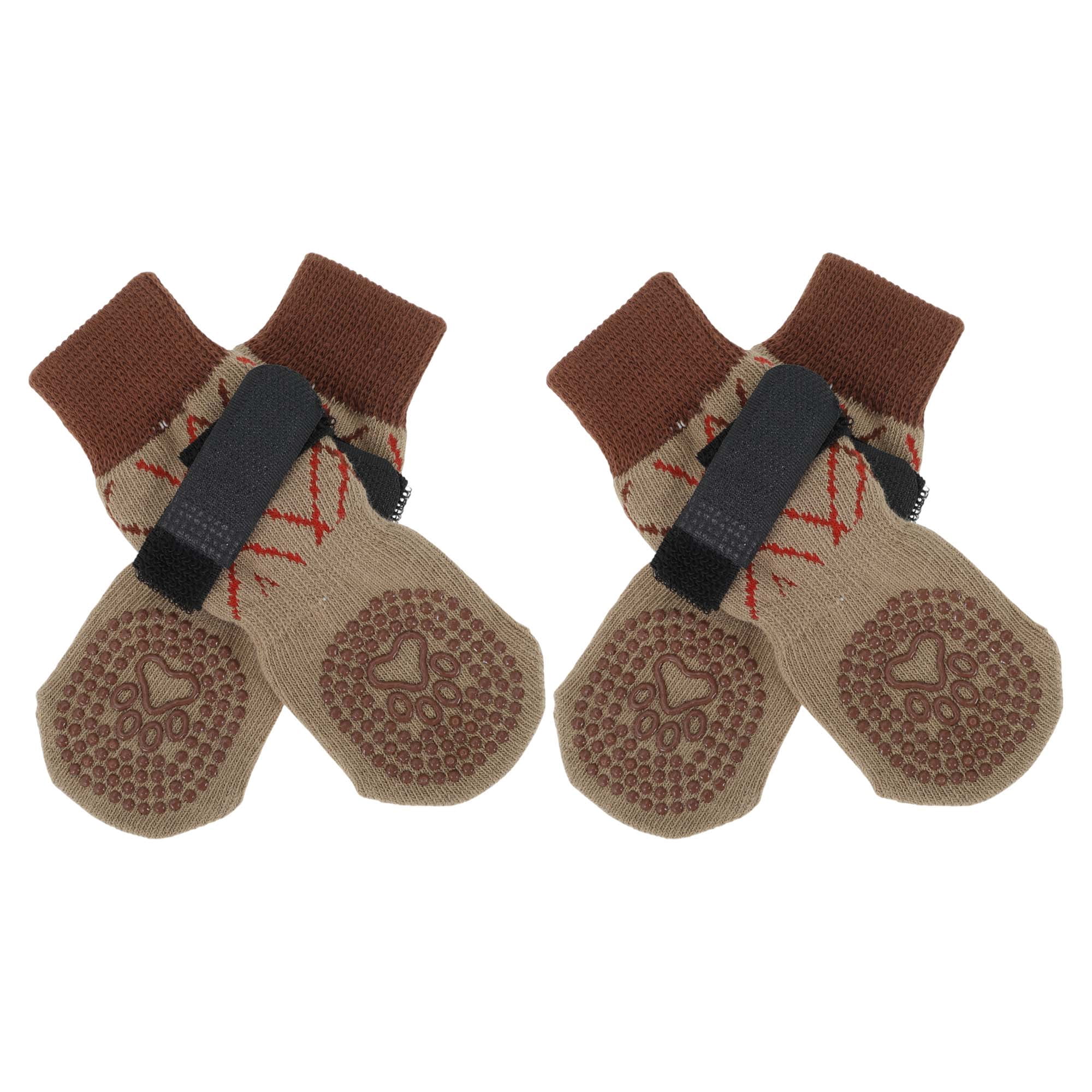Unique Bargains 4Pcs Non-Slip Dog Socks with Adjustable Tapes Beige M