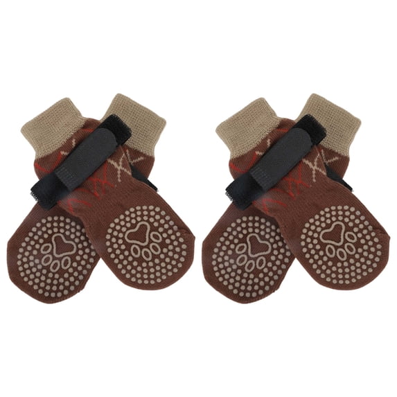Unique Bargains 4Pcs Non-Slip Dog Socks with Adjustable Tapes Brown M