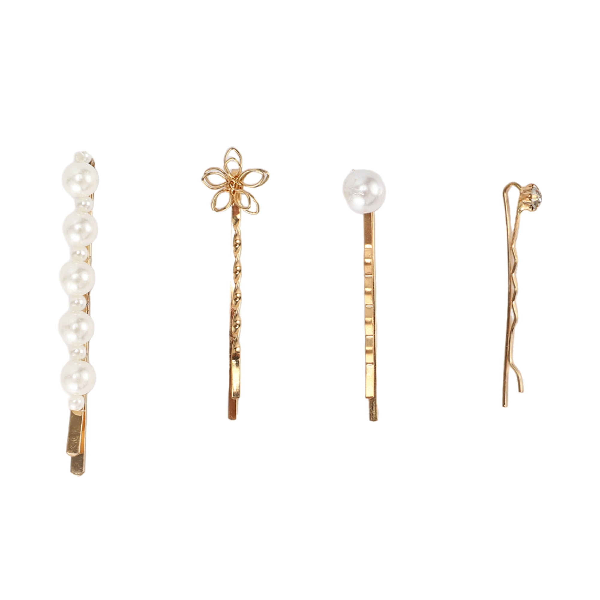 Unique Bargains 4Pcs Simple One-word Faux Pearl Hair Clips Hairdo Clip Gold Tone White
