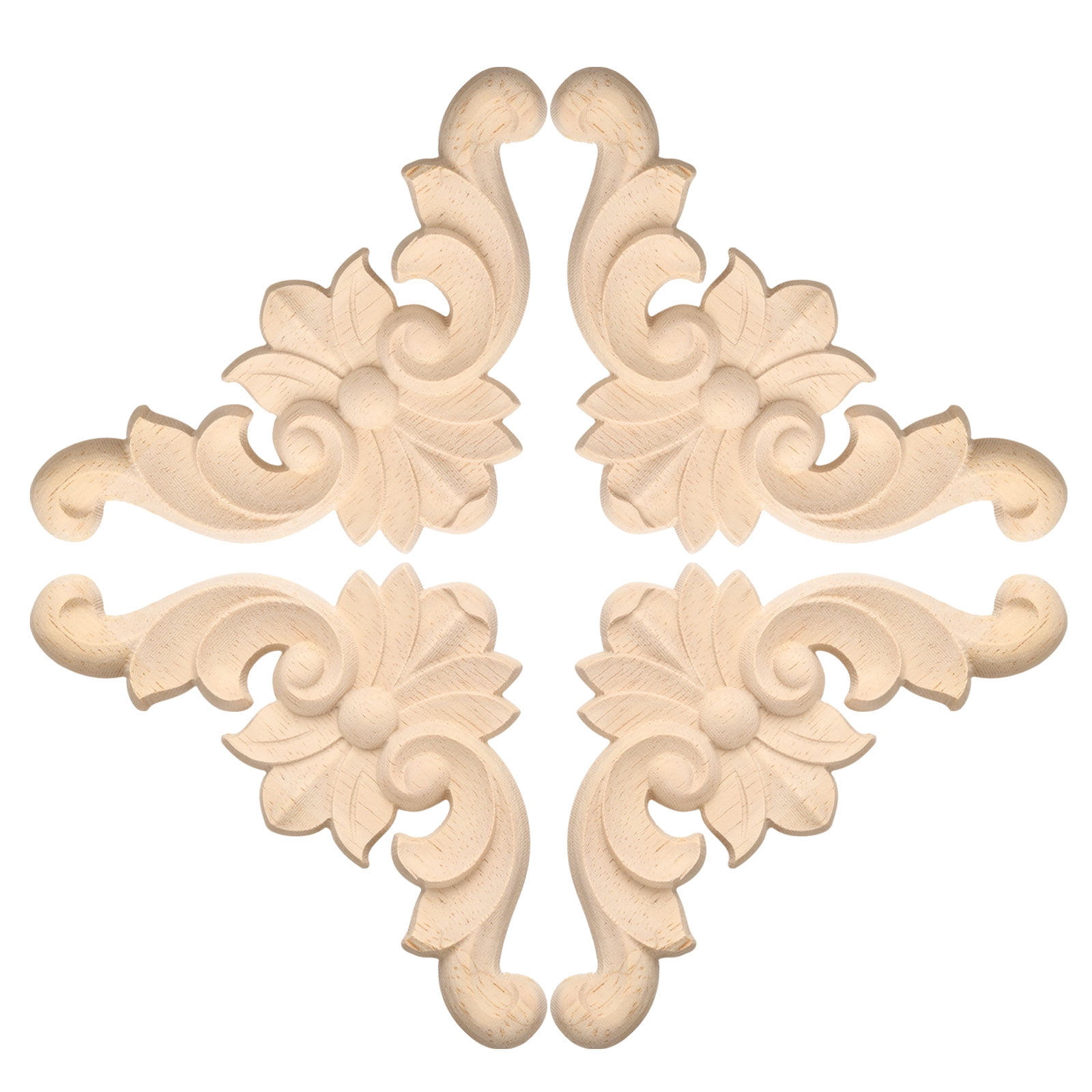 Unique Bargains 4Pcs Unpainted Floral Carved Wood Appliques Onlays 12x12cm