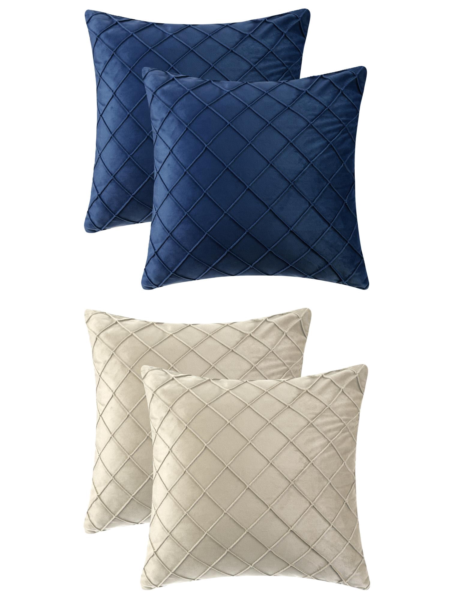 Unique Bargains 4Pcs Velvet Geometric Textured Pillow Covers Home Decor Cushion Covers Navy Blue/Beige 18" x 18"