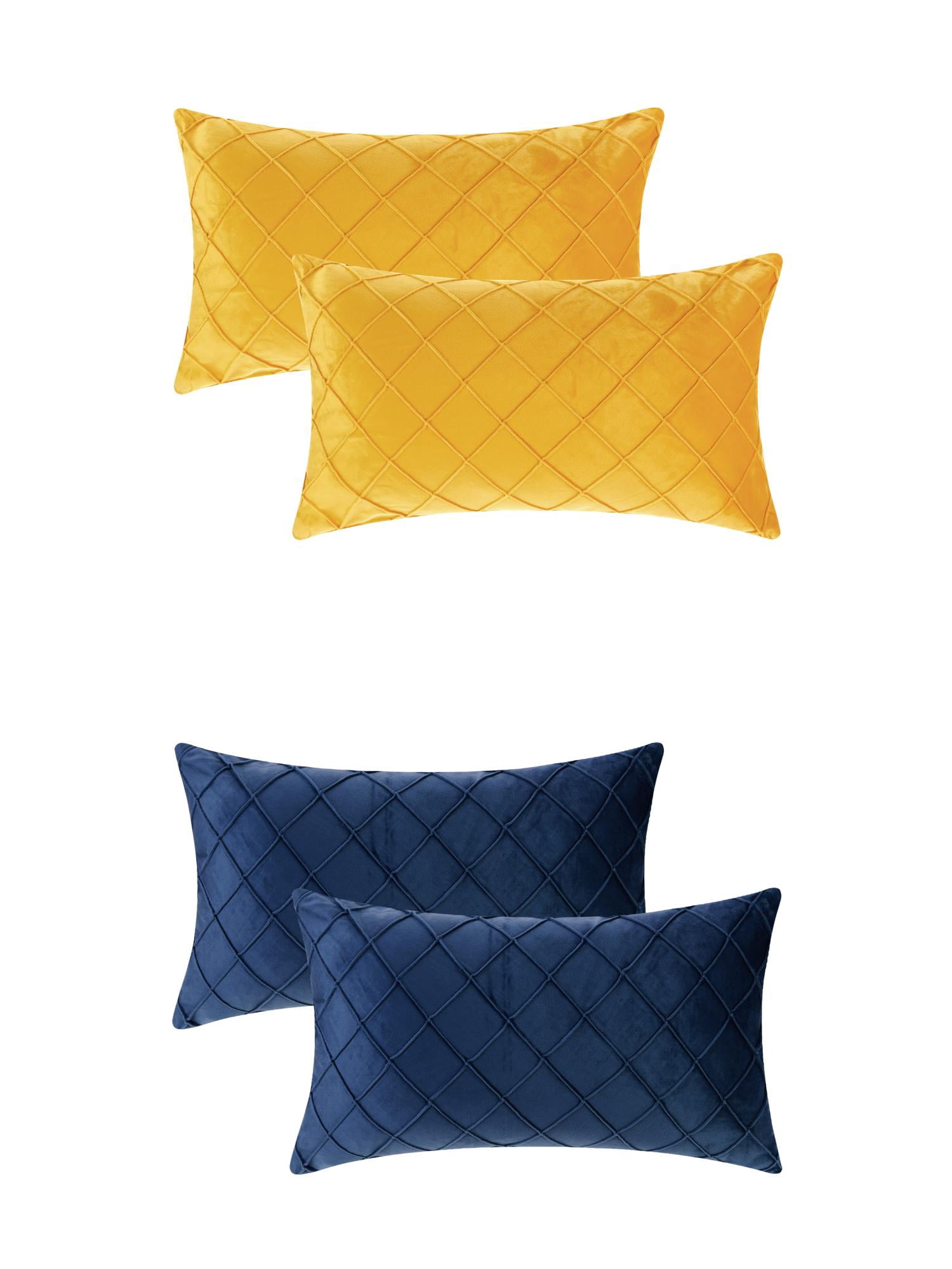 Unique Bargains 4Pcs Velvet Geometric Textured Pillow Covers Home Decor Cushion Covers Navy Blue/Yellow 12" x 20"